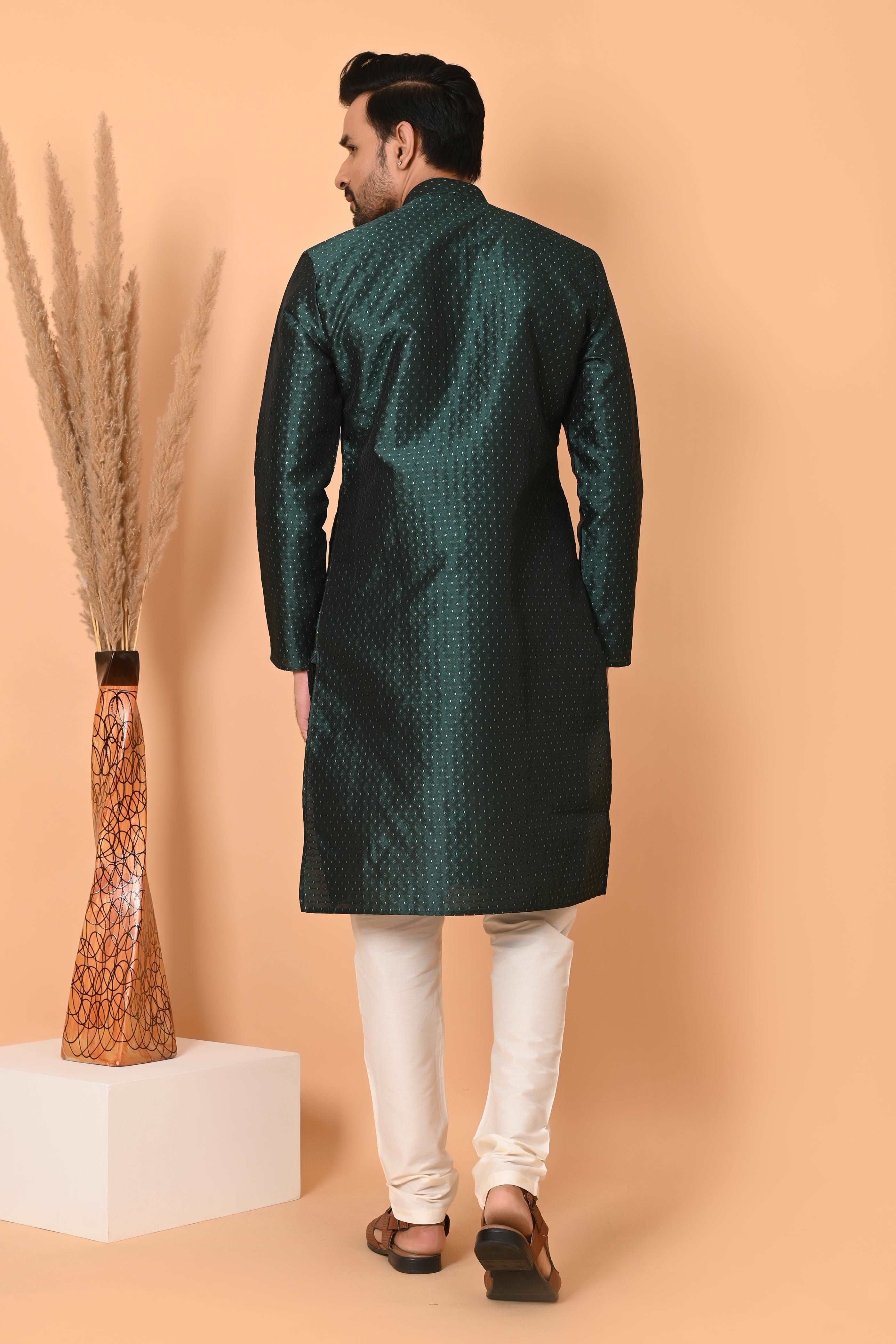 Green jacquard Silk Kurta Set  With Zari Motif And off white silk Pajama