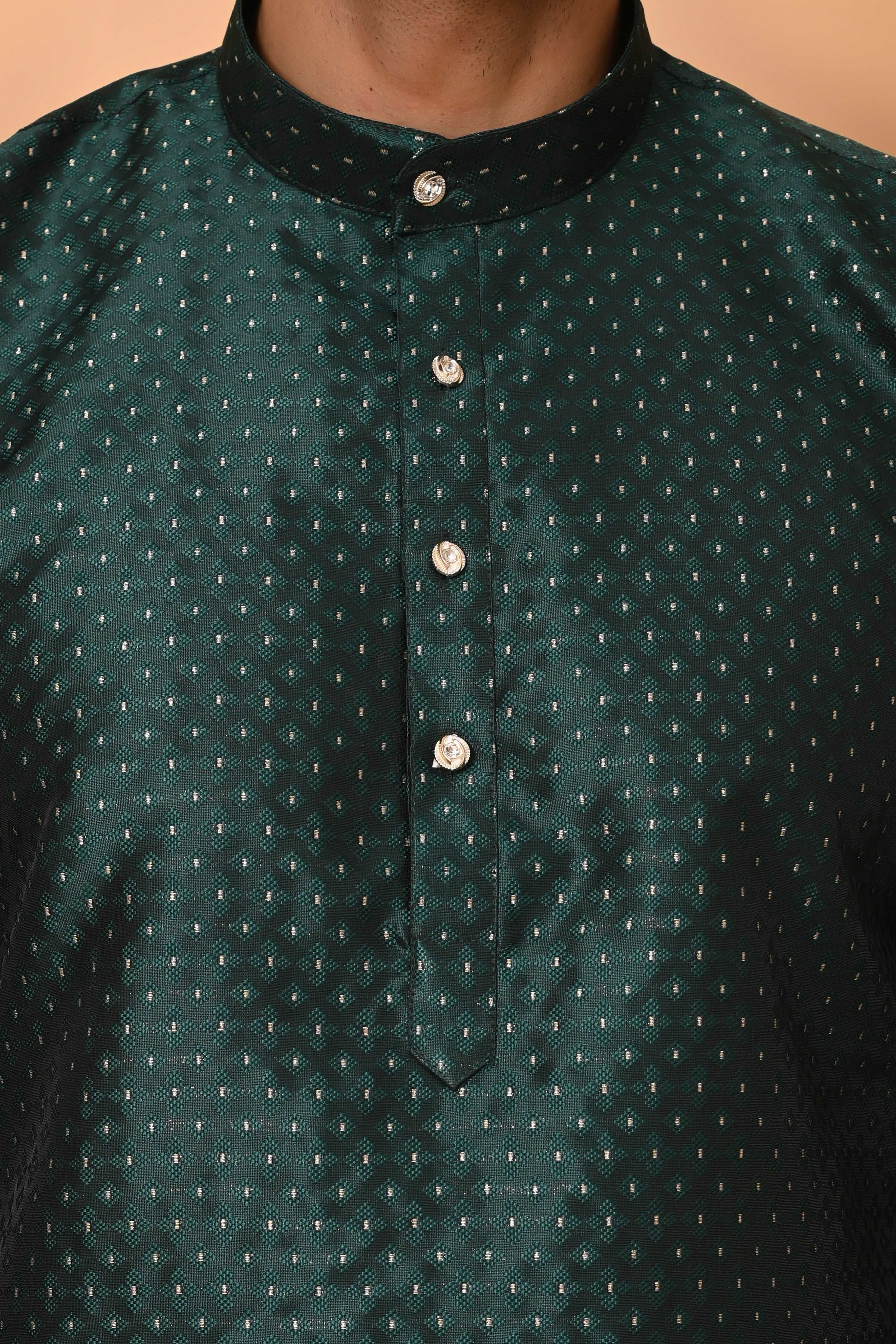 Green jacquard Silk Kurta Set  With Zari Motif And off white silk Pajama