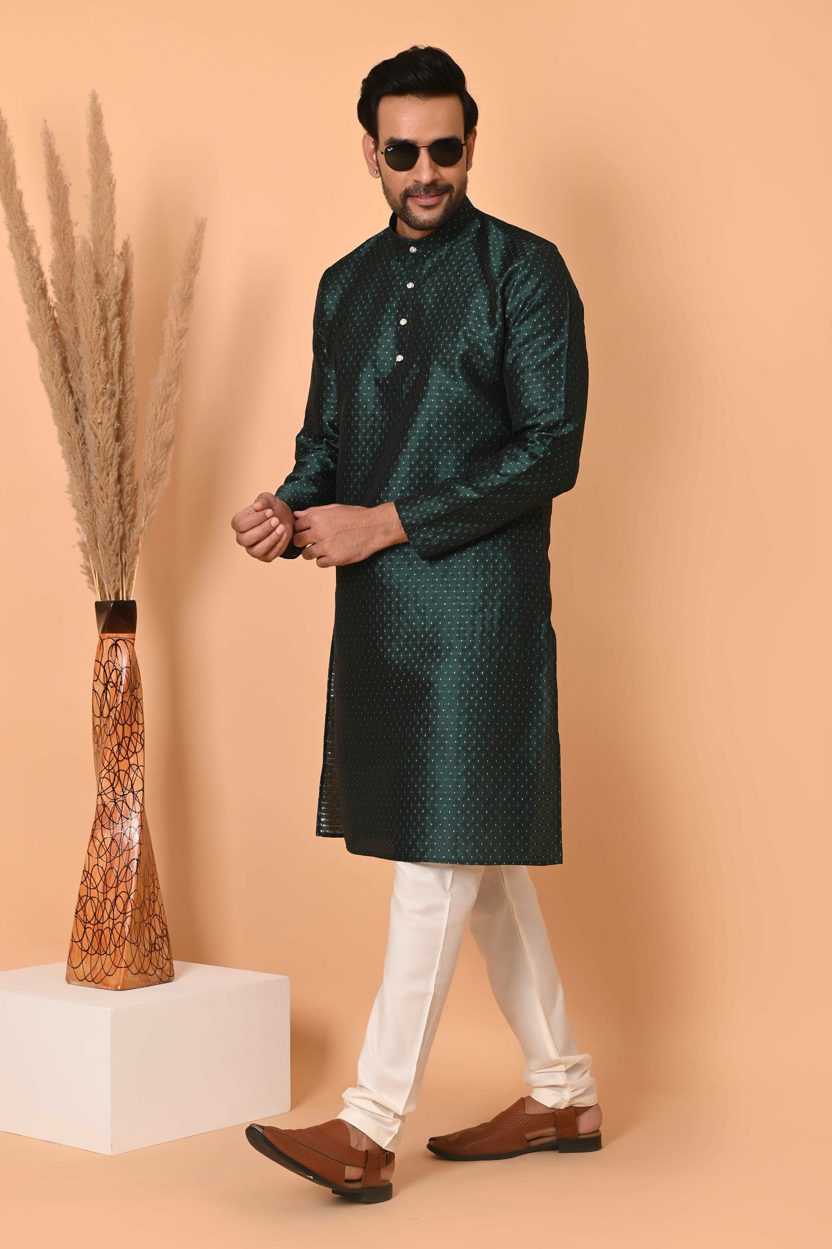 Green jacquard Silk Kurta Set  With Zari Motif And off white silk Pajama