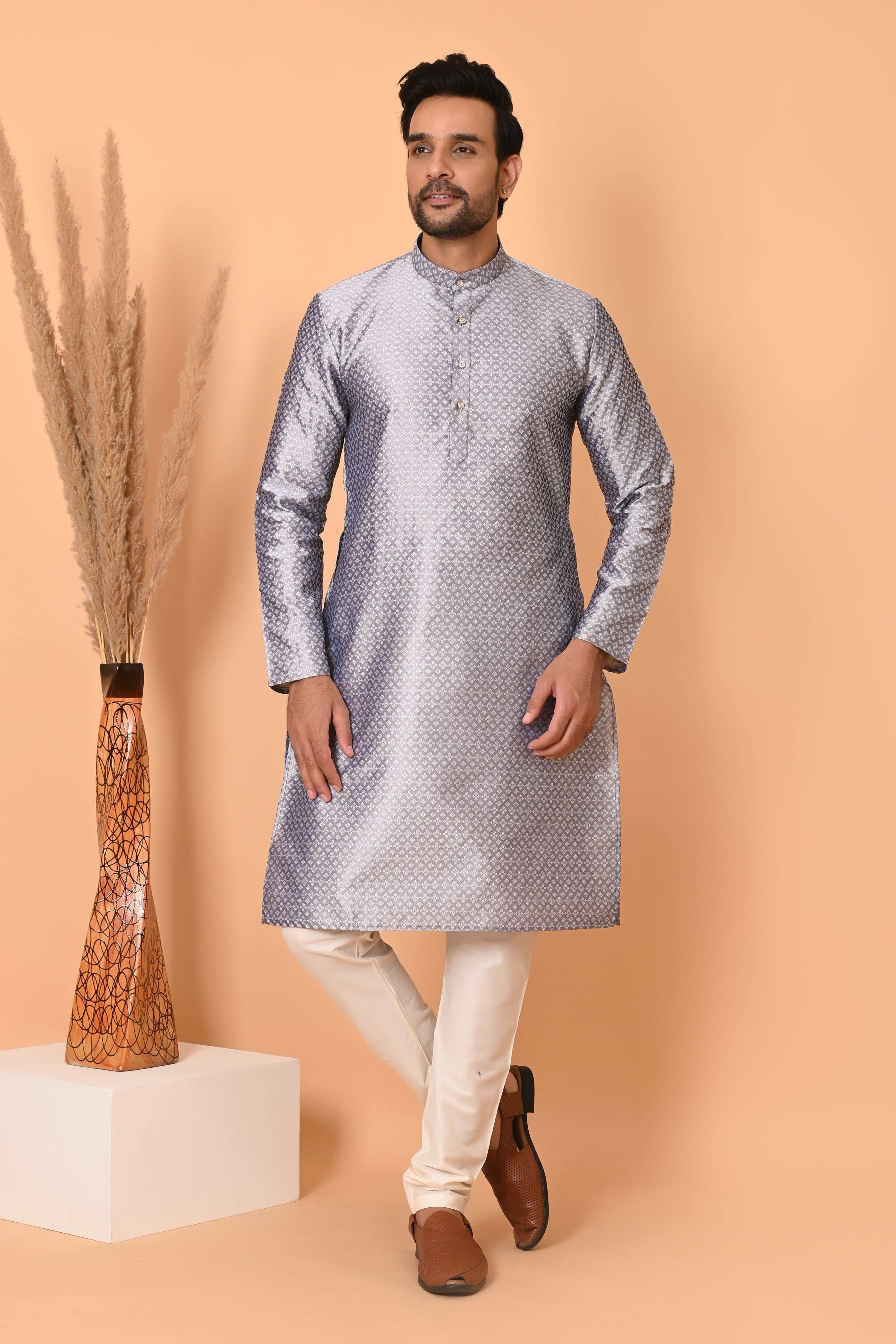 Men's Grey Jacquard Silk Kurta Pyjama - Indian Party Suit | Richart Ethnic Traditional Wear