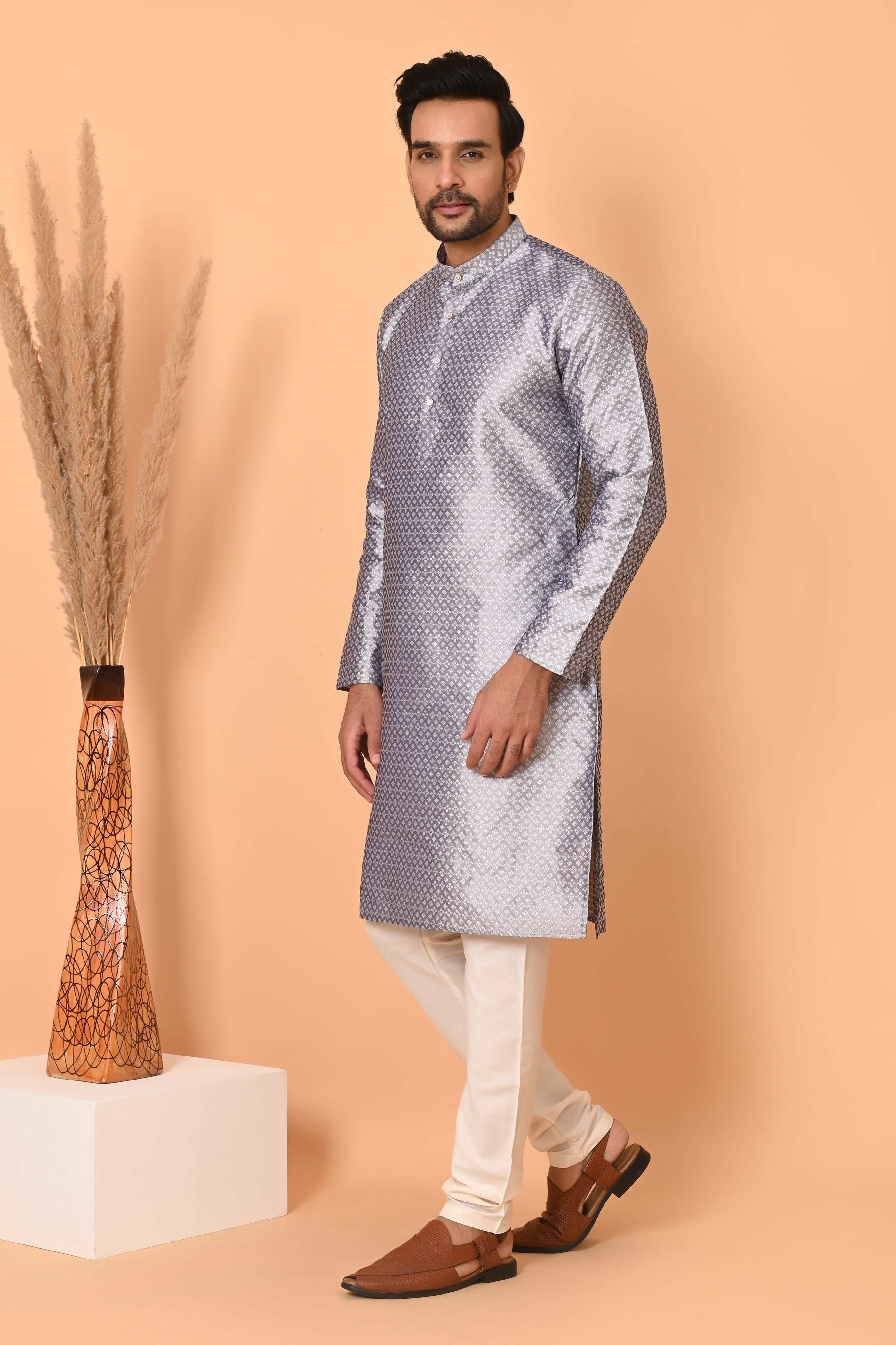 Men's Grey Jacquard Silk Kurta Pyjama - Indian Party Suit | Richart Ethnic Traditional Wear