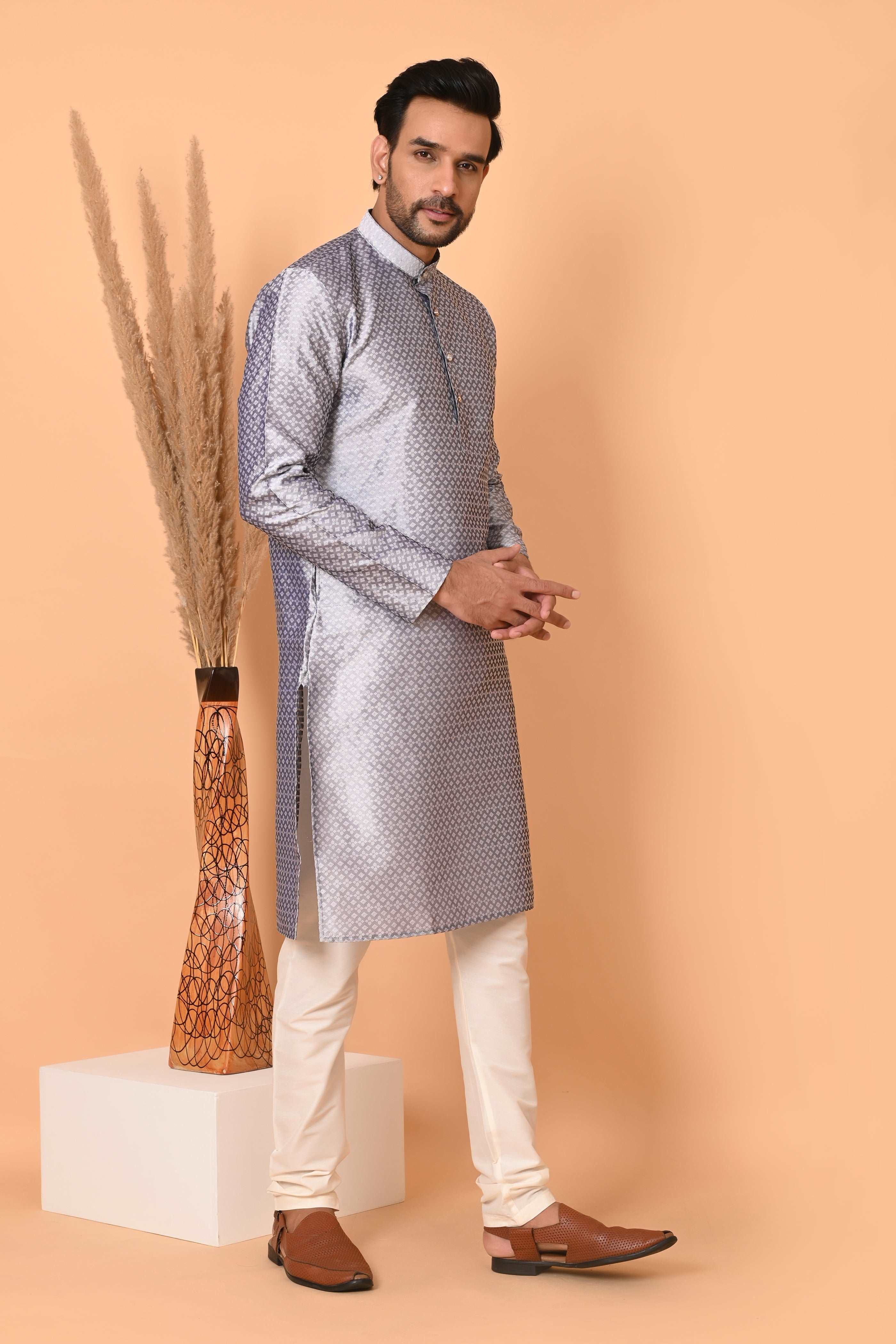 Men's Grey Jacquard Silk Kurta Pyjama - Indian Party Suit | Richart Ethnic Traditional Wear