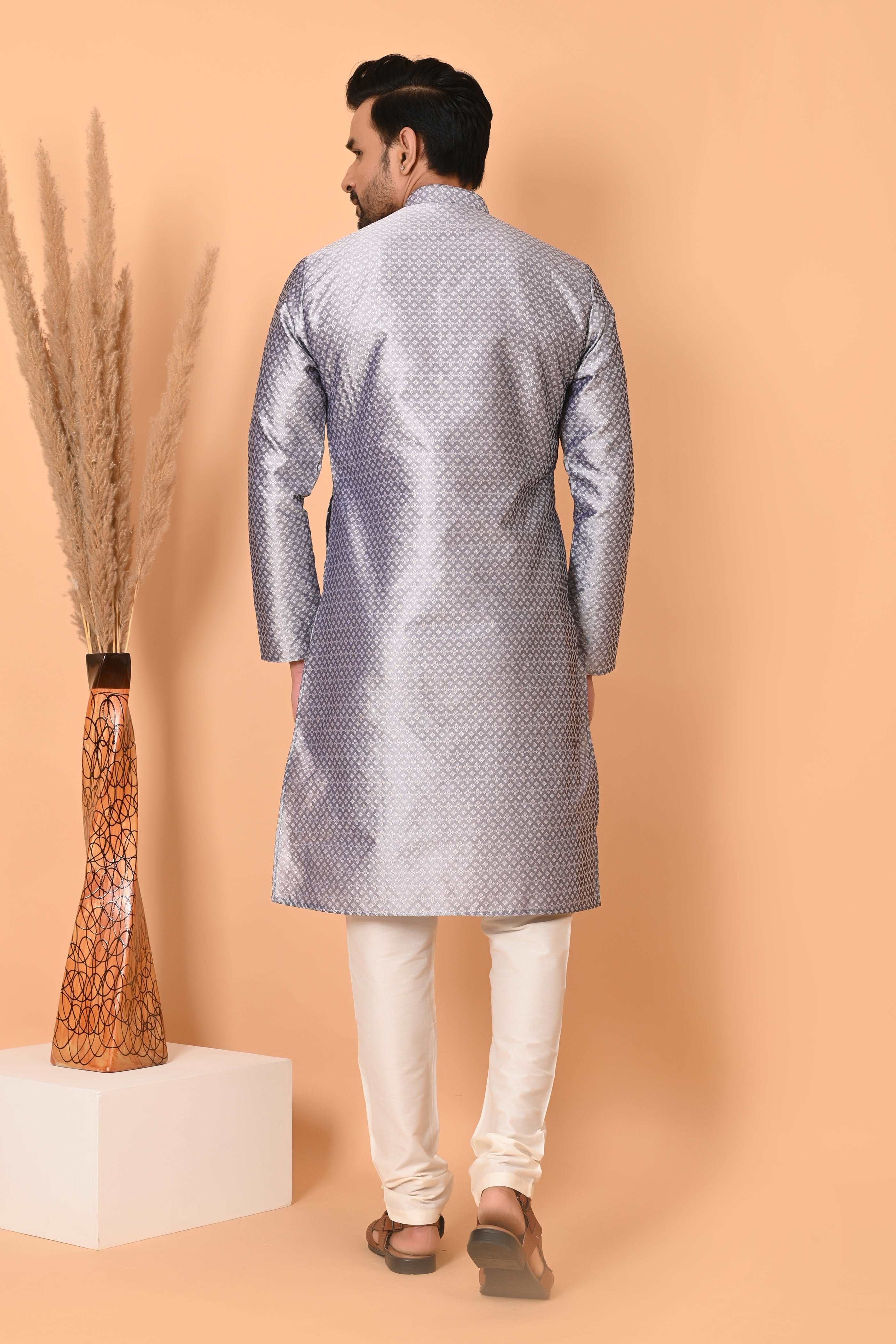 Men's Grey Jacquard Silk Kurta Pyjama - Indian Party Suit | Richart Ethnic Traditional Wear