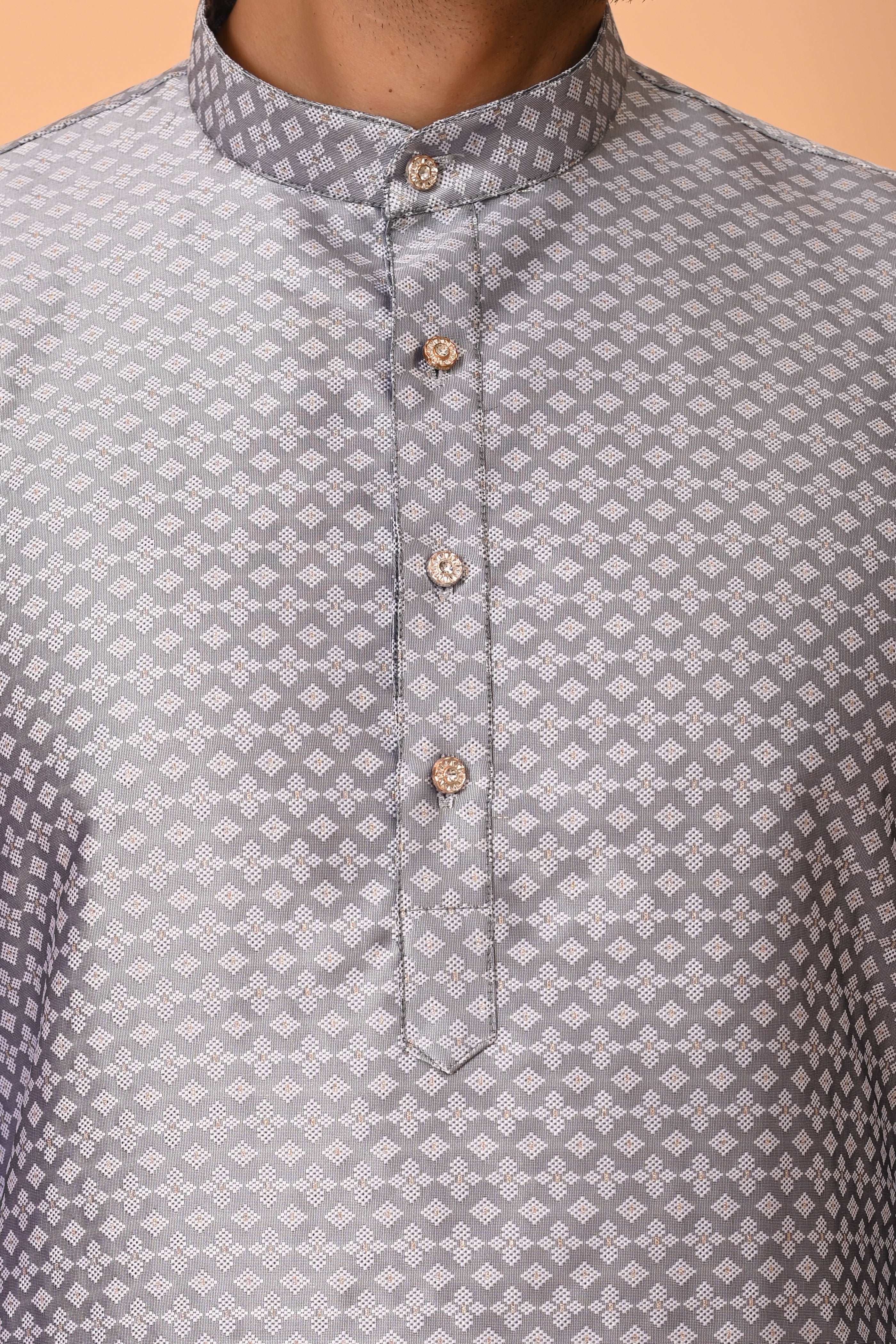 Men's Grey Jacquard Silk Kurta Pyjama - Indian Party Suit | Richart Ethnic Traditional Wear