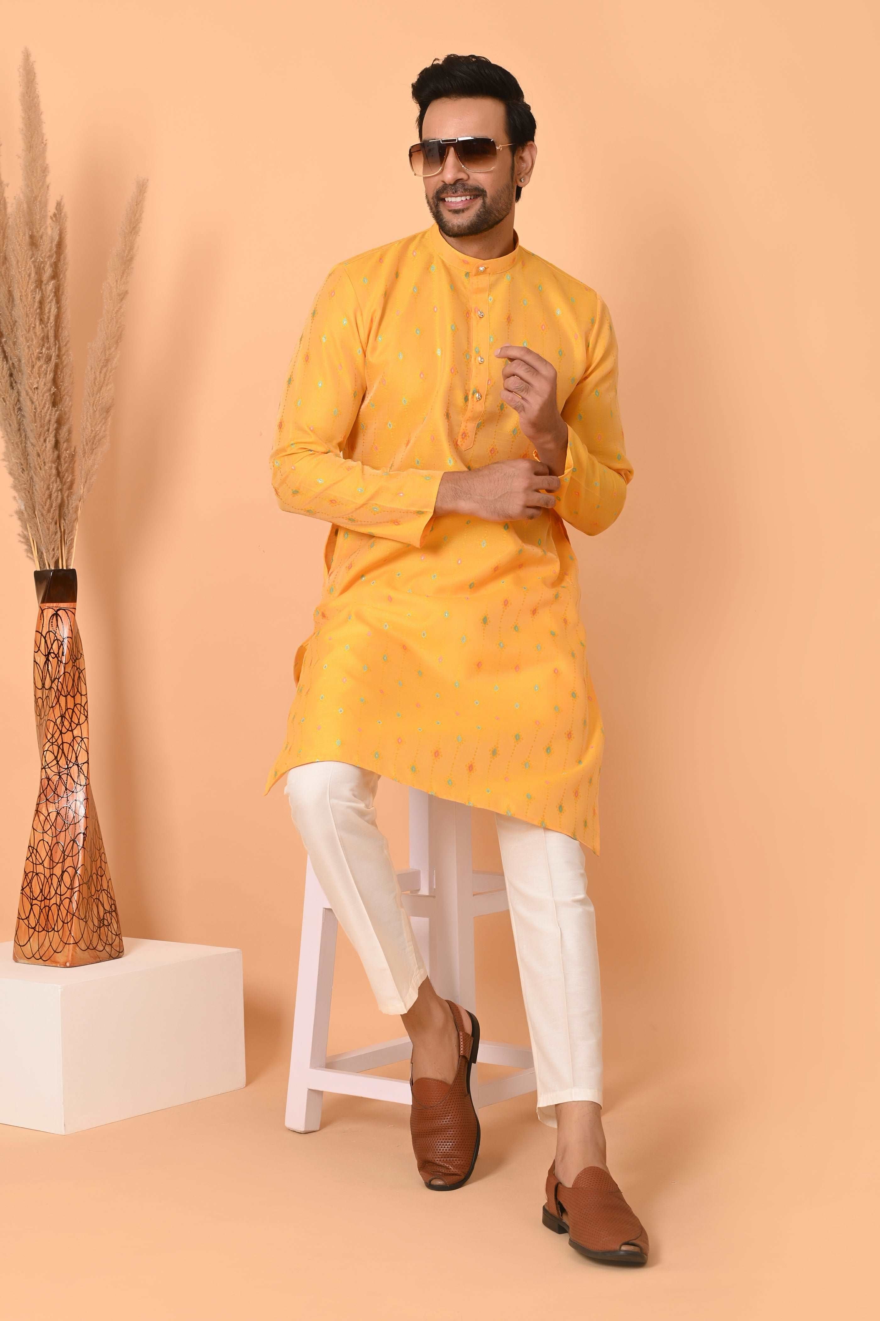 Mens Kurta Yellow Silk Jacquard With Motif And Off White Bottom