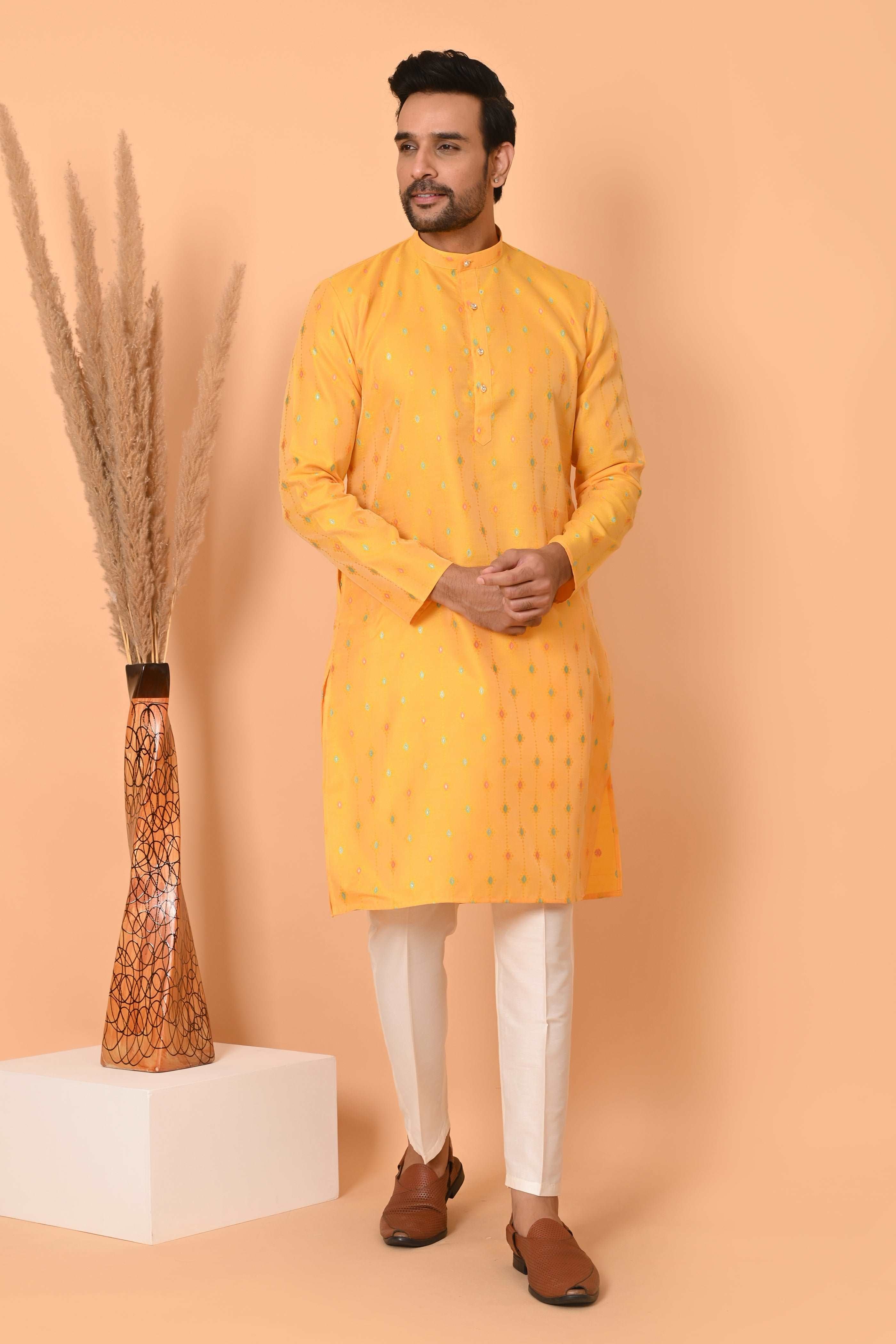 Mens Kurta Yellow Silk Jacquard With Motif And Off White Bottom