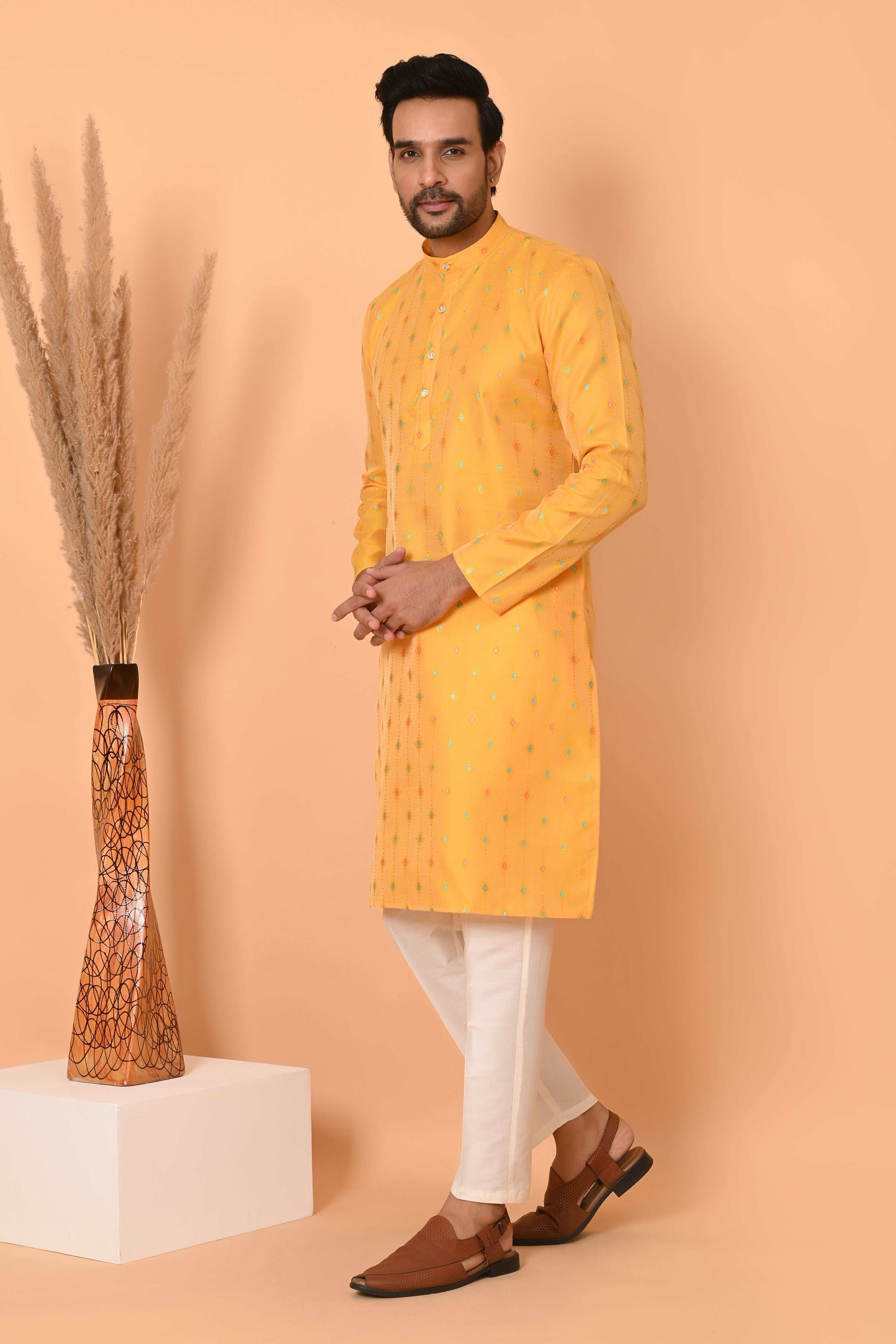 Mens Kurta Yellow Silk Jacquard With Motif And Off White Bottom