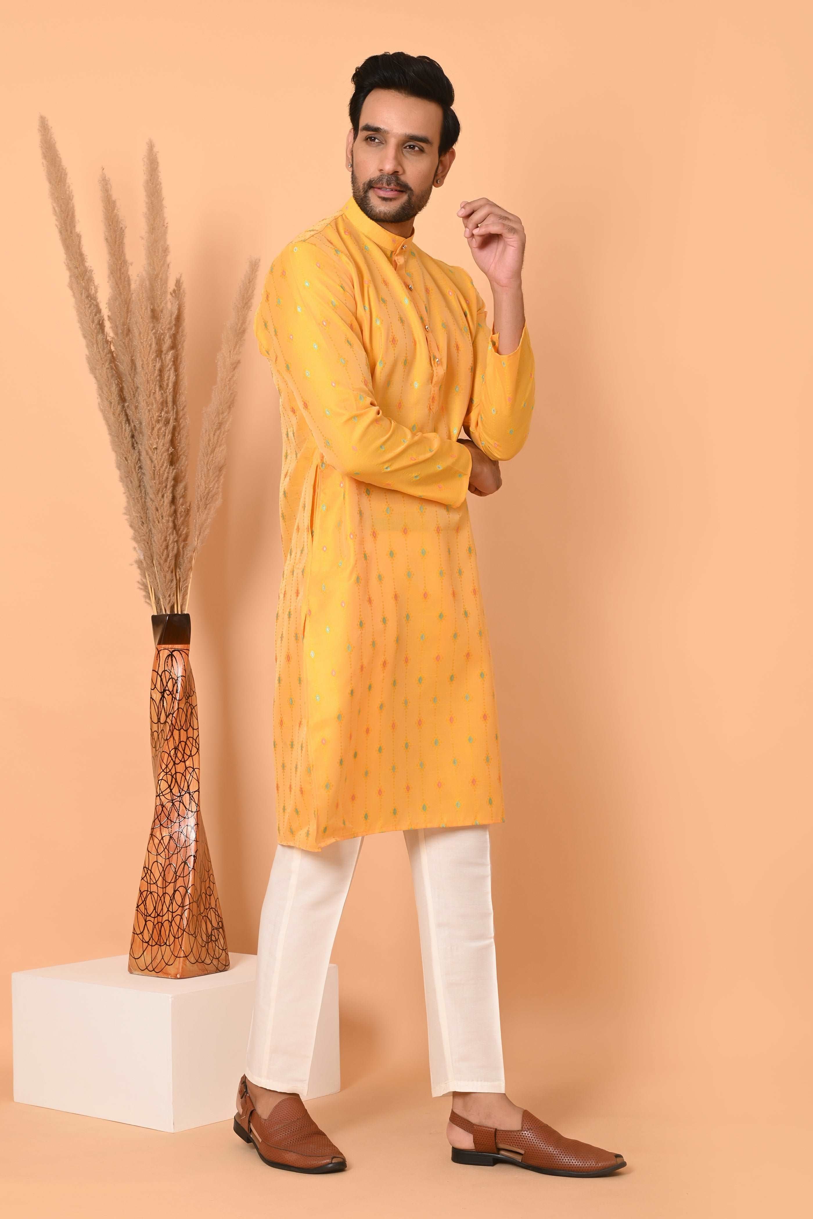 Mens Kurta Yellow Silk Jacquard With Motif And Off White Bottom