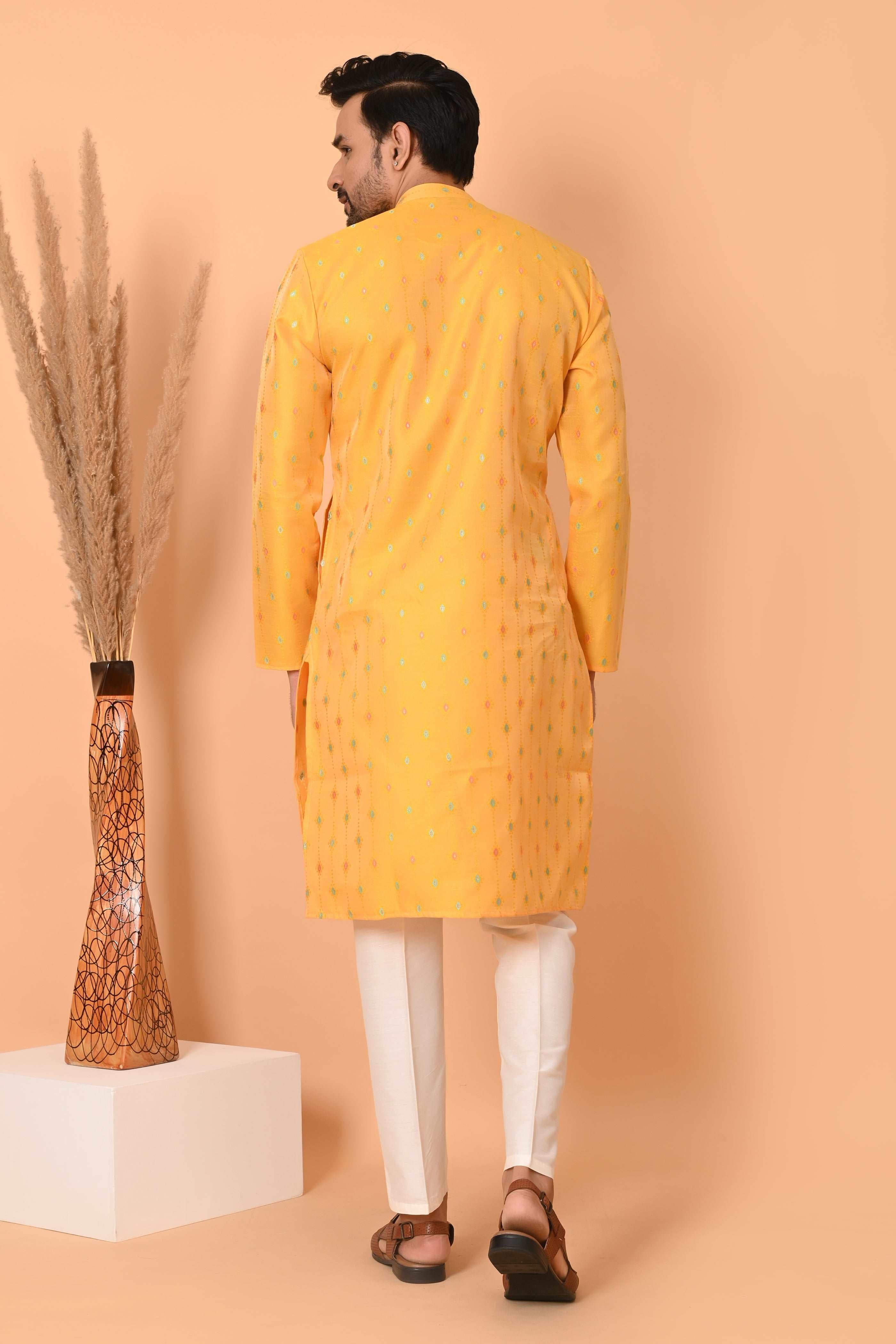 Mens Kurta Yellow Silk Jacquard With Motif And Off White Bottom