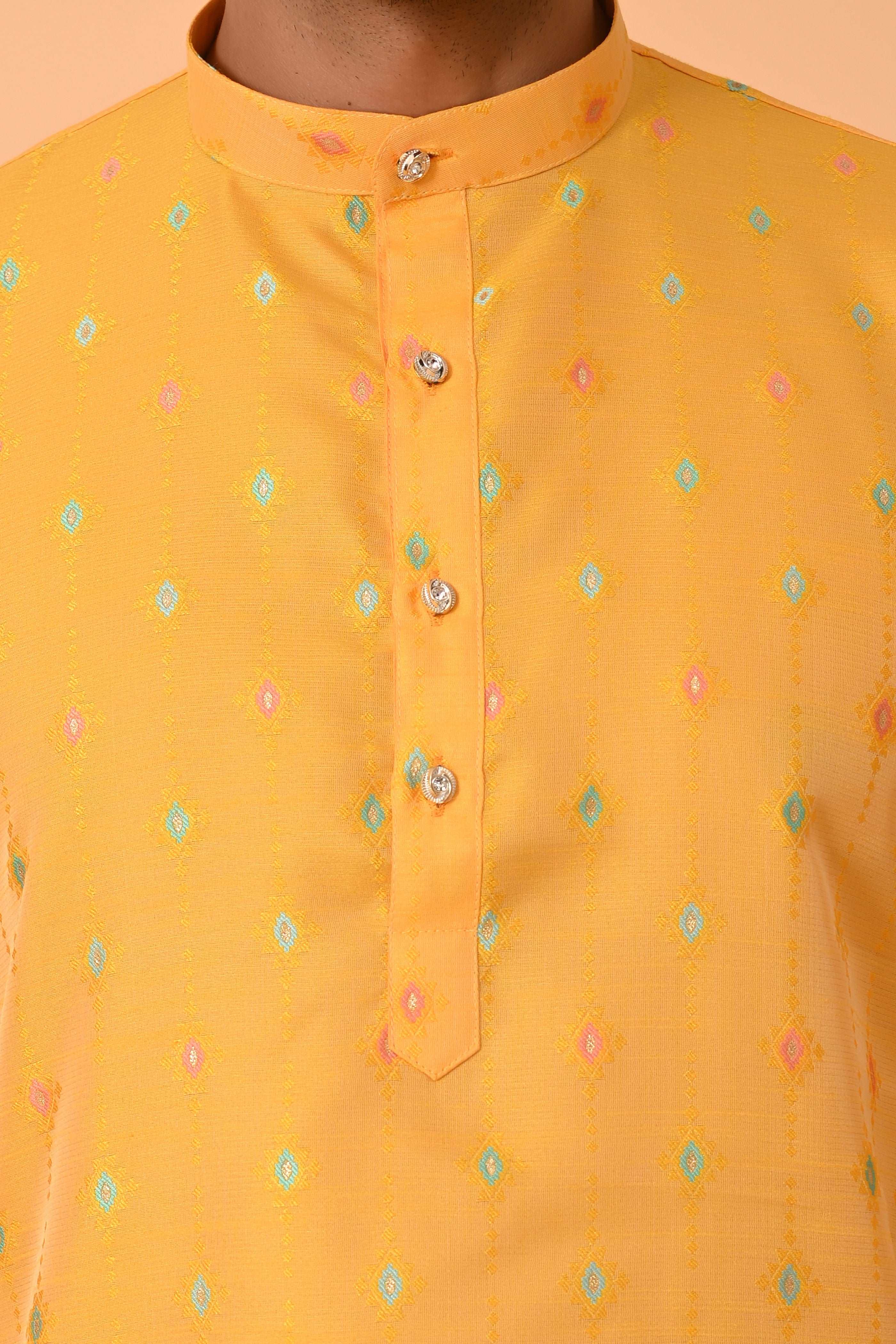 Mens Kurta Yellow Silk Jacquard With Motif And Off White Bottom