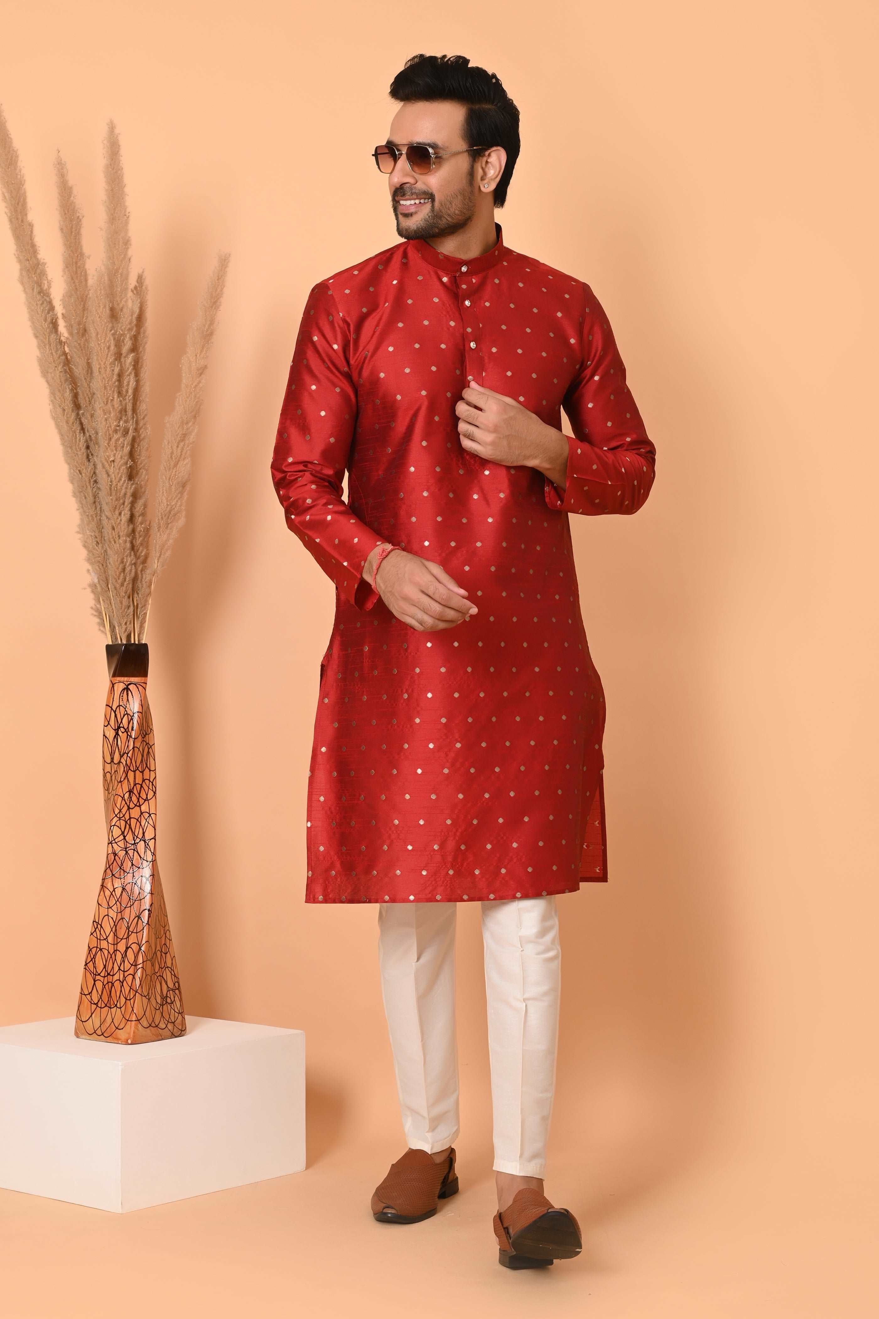 Mens Red Silk Kurta Set  With Zari Motif And off white Pajama