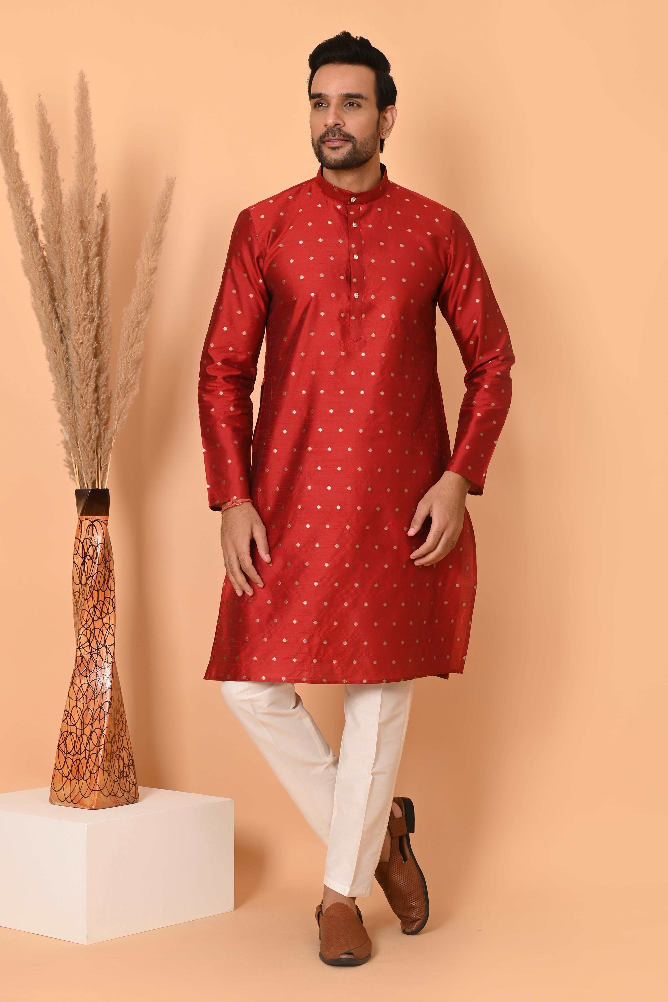 Mens Red Silk Kurta Set  With Zari Motif And off white Pajama