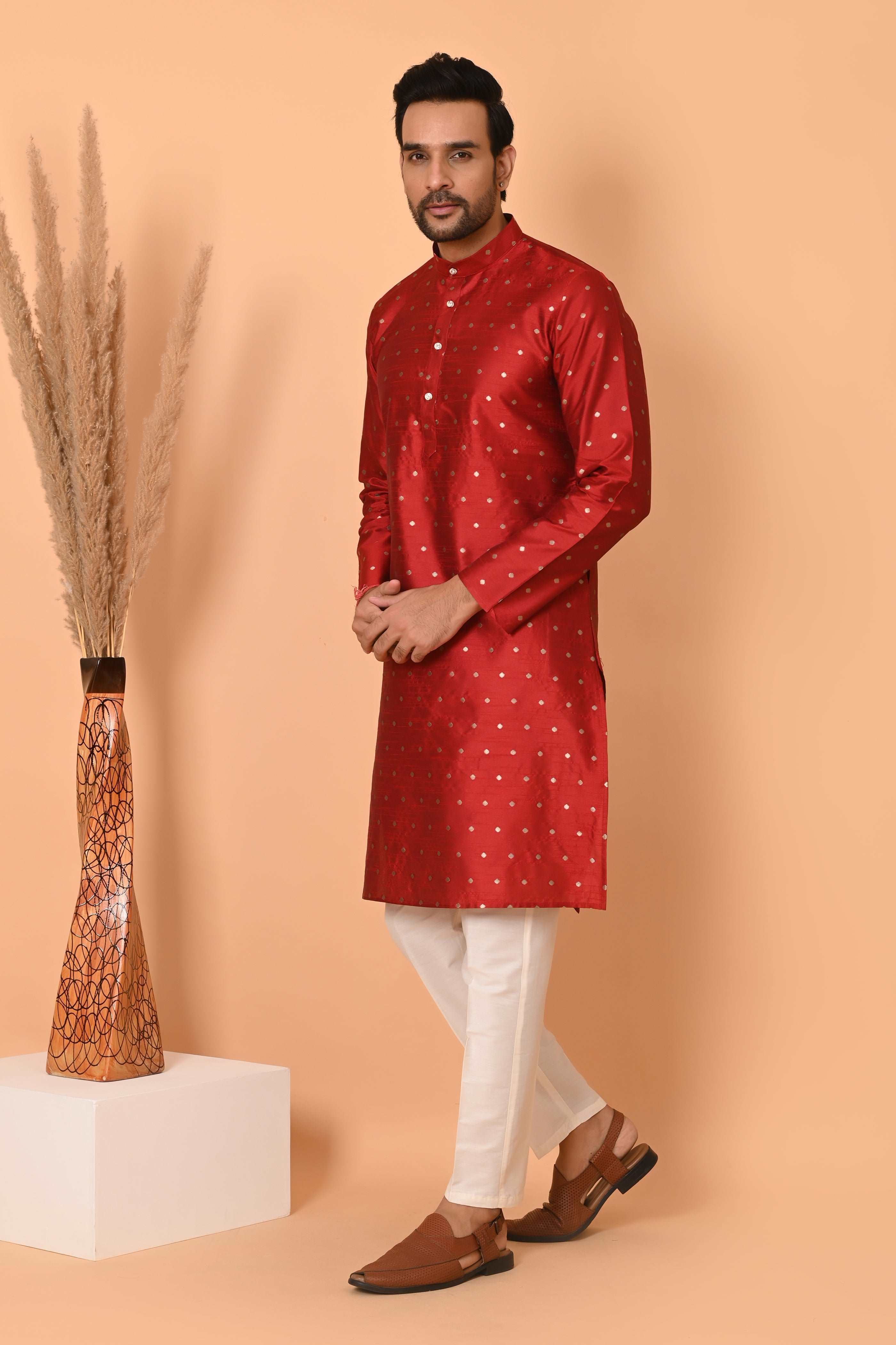 Mens Red Silk Kurta Set  With Zari Motif And off white Pajama