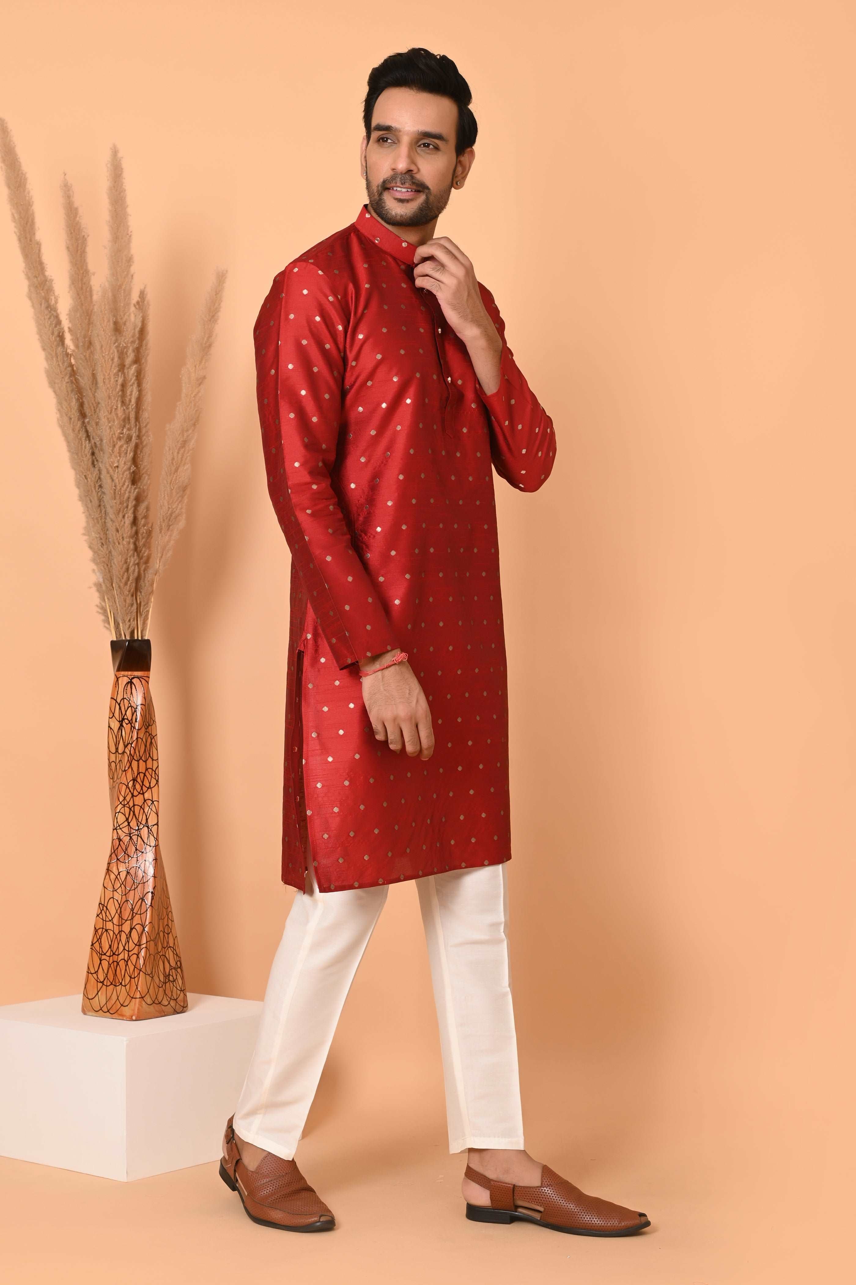 Mens Red Silk Kurta Set  With Zari Motif And off white Pajama