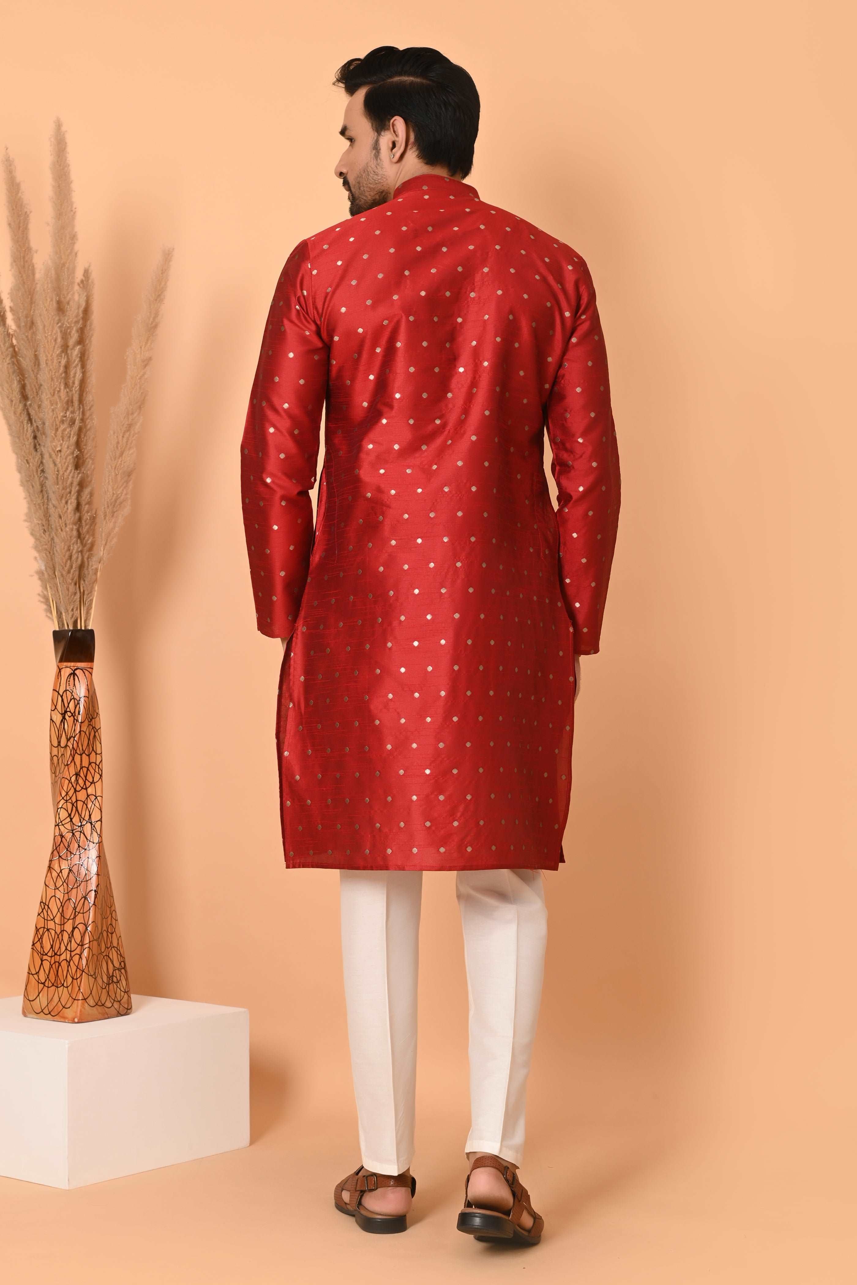 Mens Red Silk Kurta Set  With Zari Motif And off white Pajama