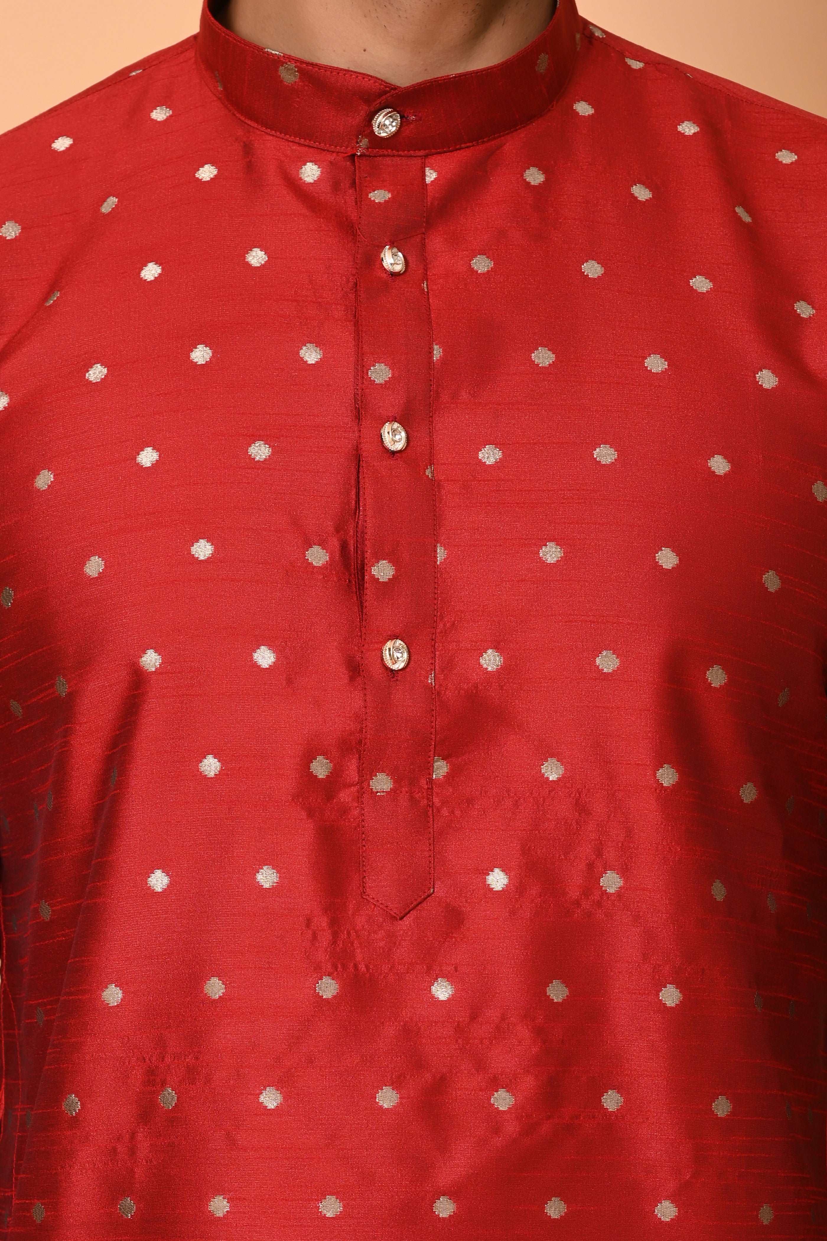 Mens Red Silk Kurta Set  With Zari Motif And off white Pajama