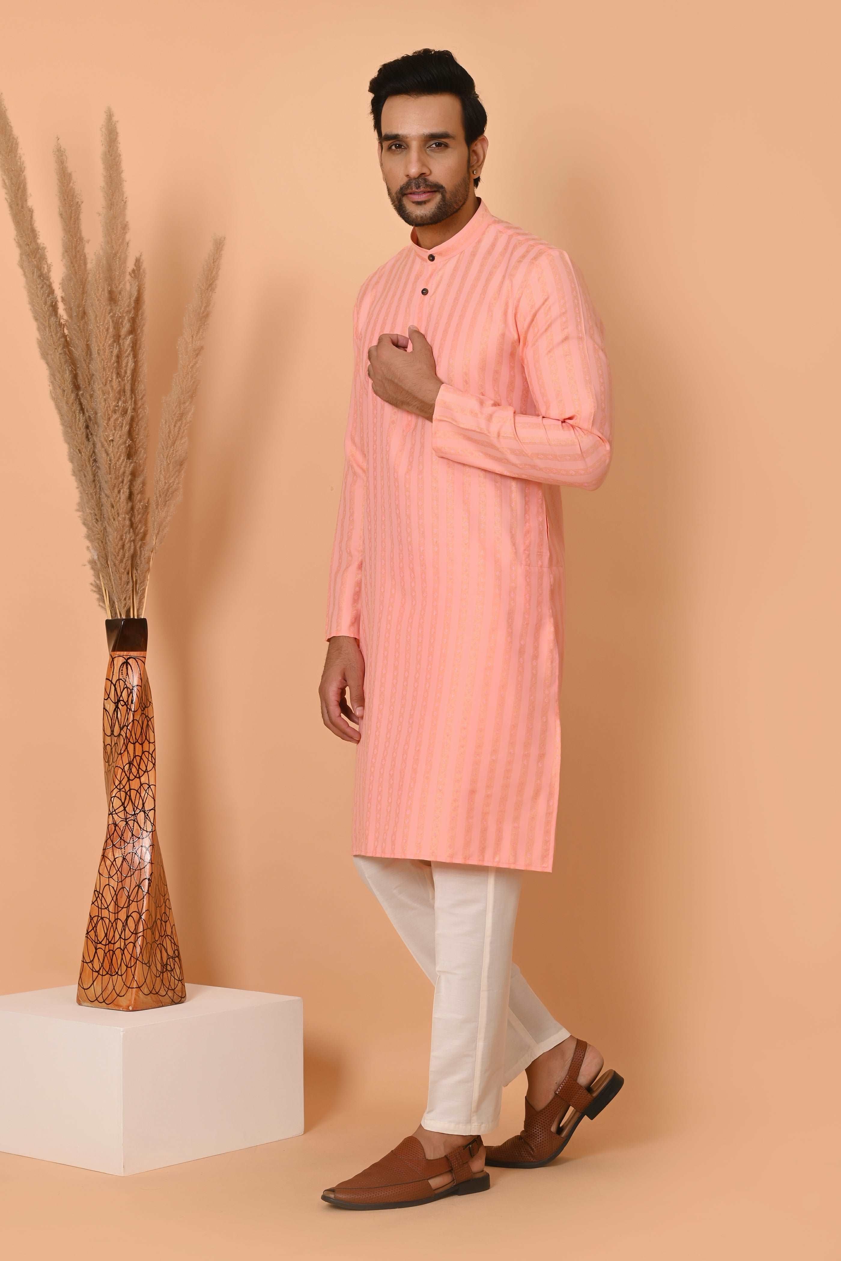 Men's pink Jacquard Silk Kurta Pyjama - Indian Party Suit | Richart Ethnic Traditional Wear
