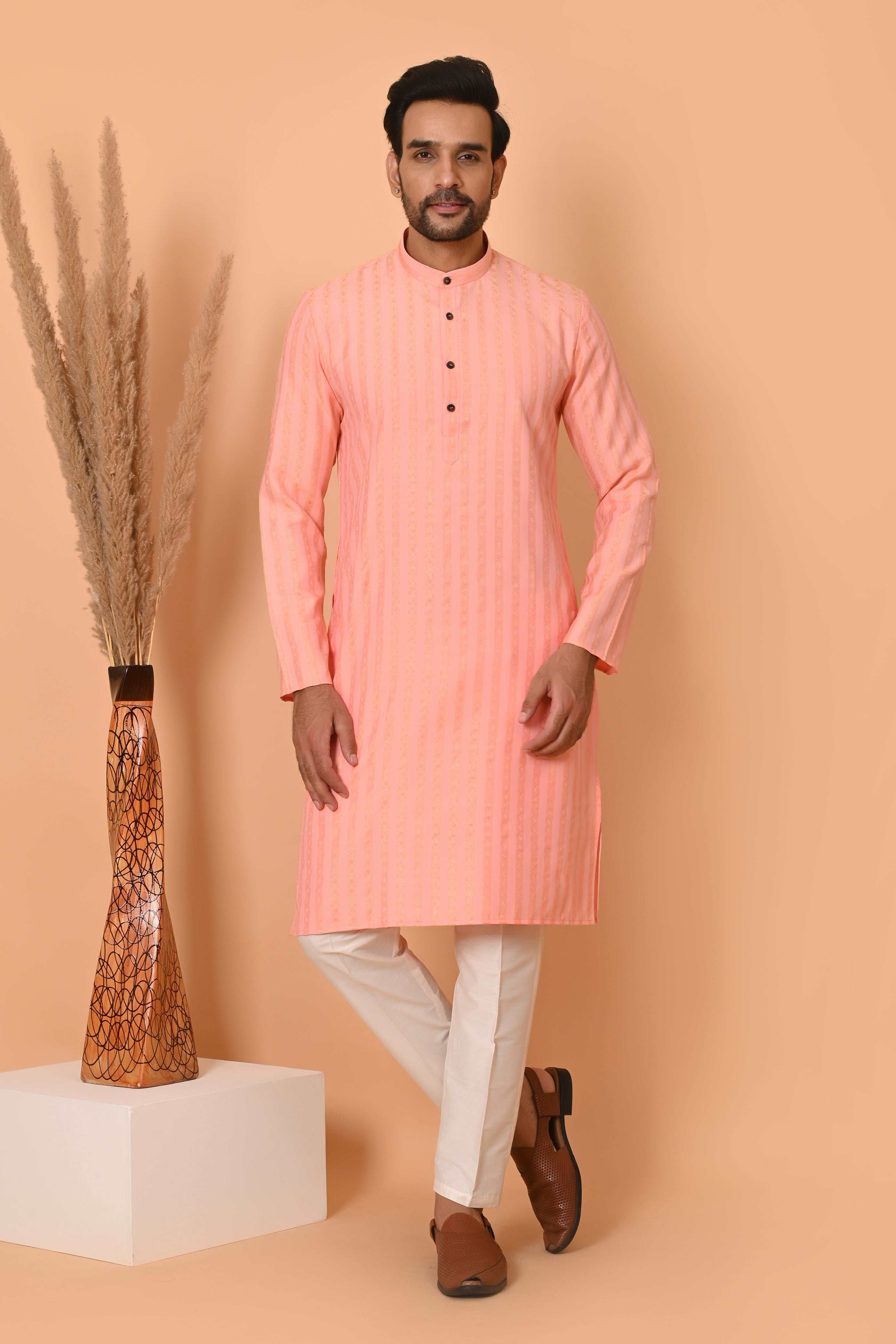 Men's pink Jacquard Silk Kurta Pyjama - Indian Party Suit | Richart Ethnic Traditional Wear