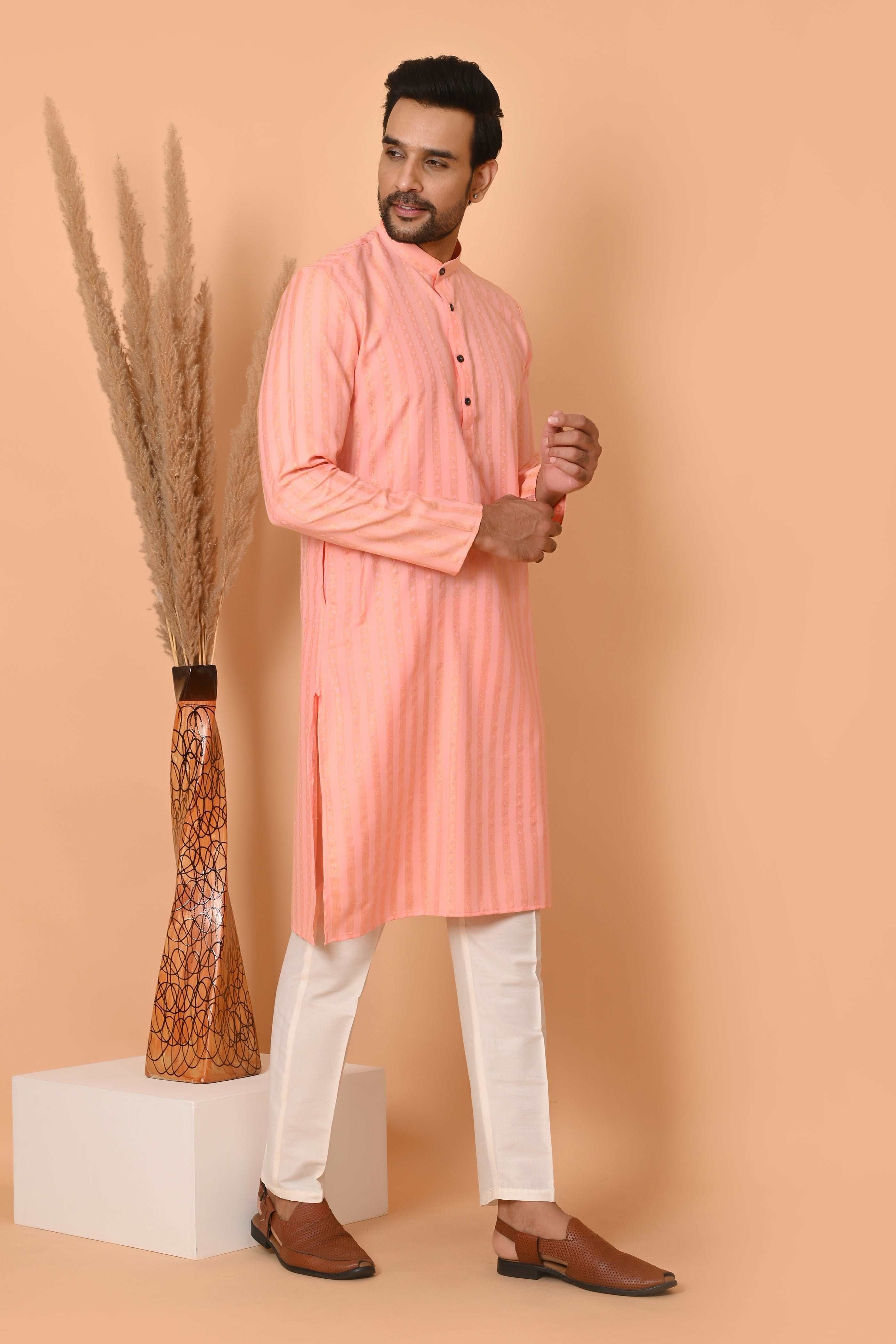Men's pink Jacquard Silk Kurta Pyjama - Indian Party Suit | Richart Ethnic Traditional Wear