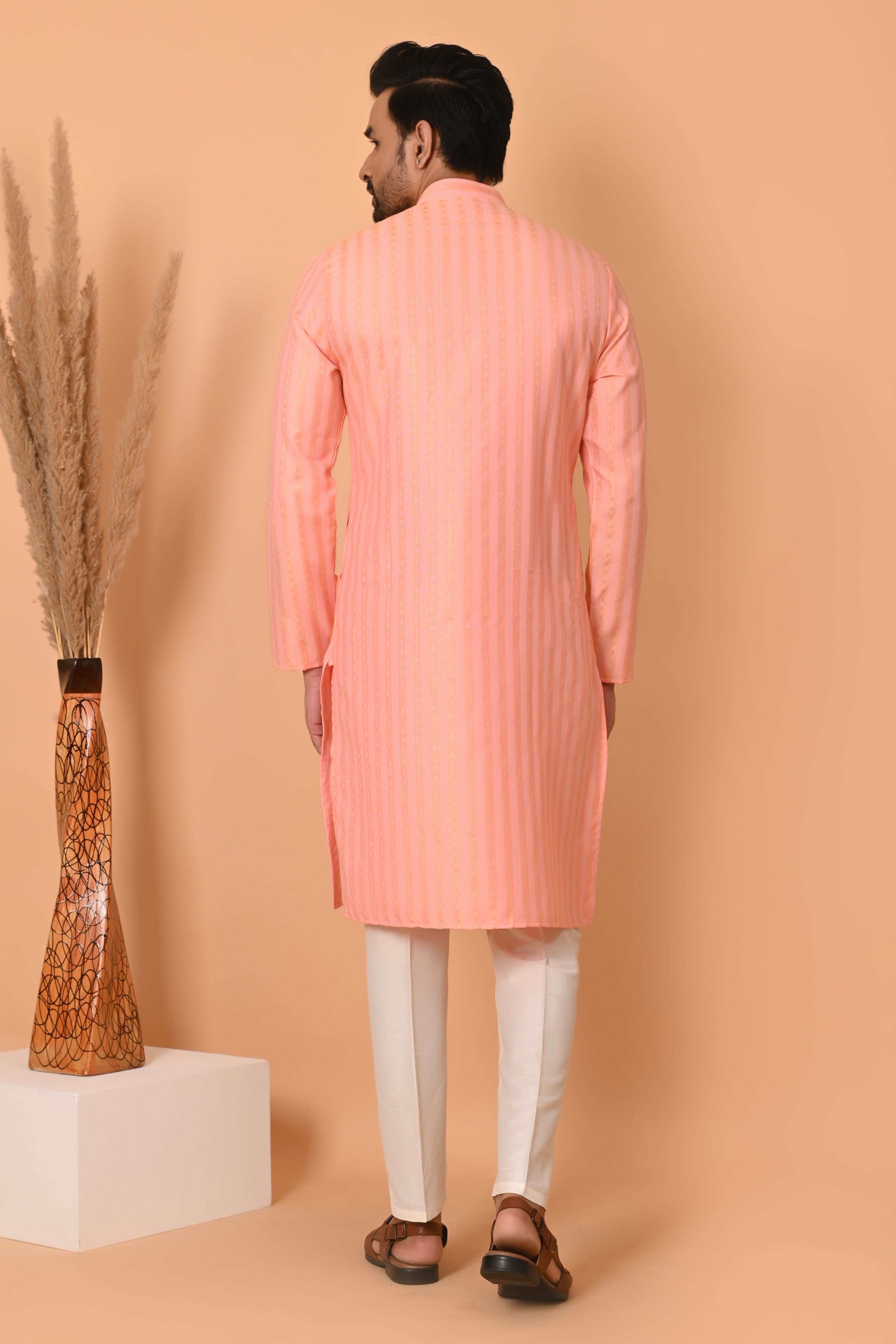 Men's pink Jacquard Silk Kurta Pyjama - Indian Party Suit | Richart Ethnic Traditional Wear