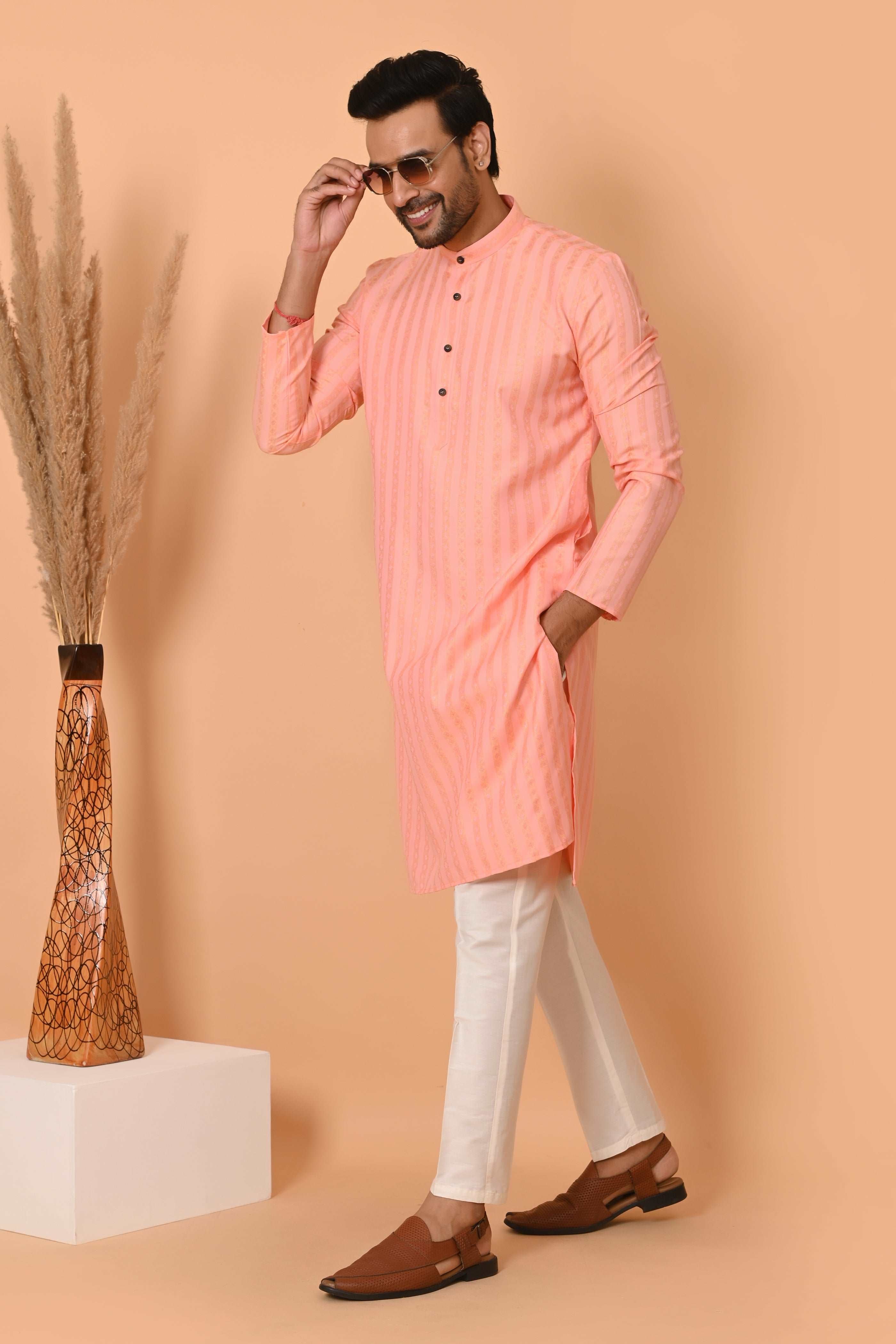 Men's pink Jacquard Silk Kurta Pyjama - Indian Party Suit | Richart Ethnic Traditional Wear