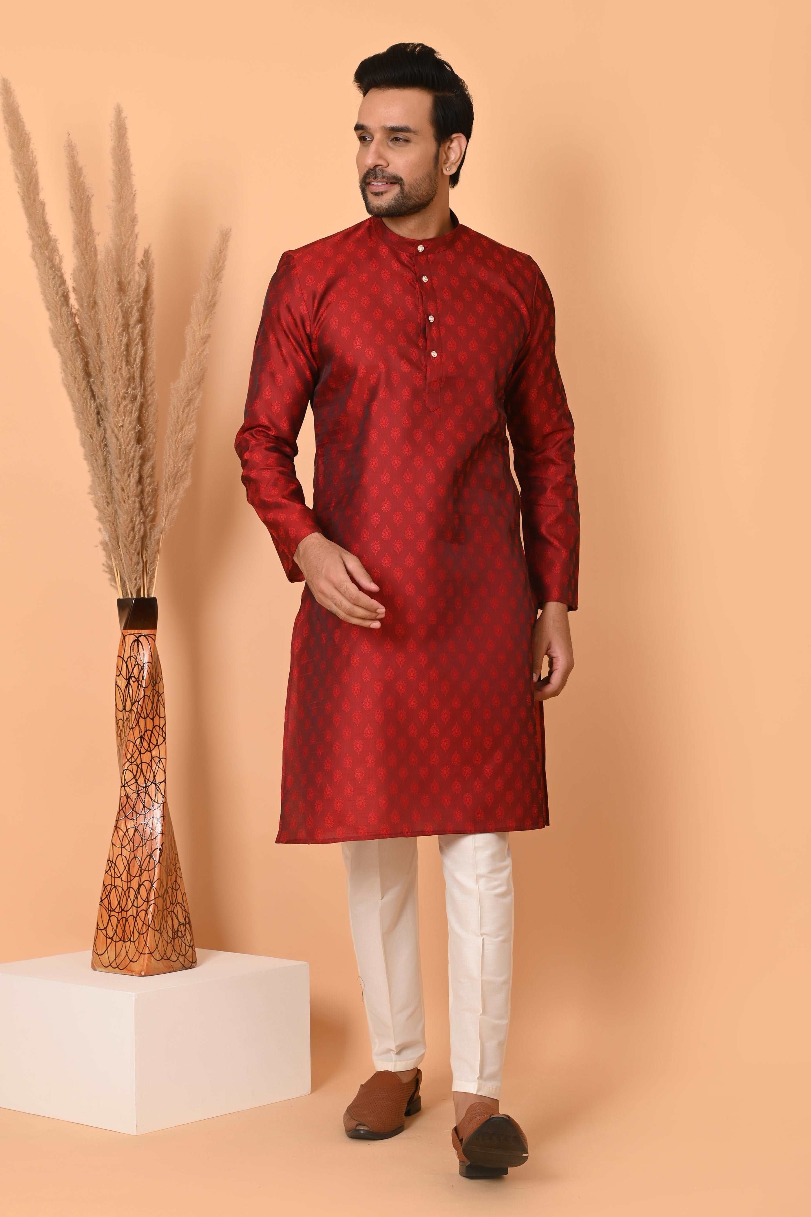 Mens Maroon Jacquard Silk Kurta Set With Motif With off white Pajama
