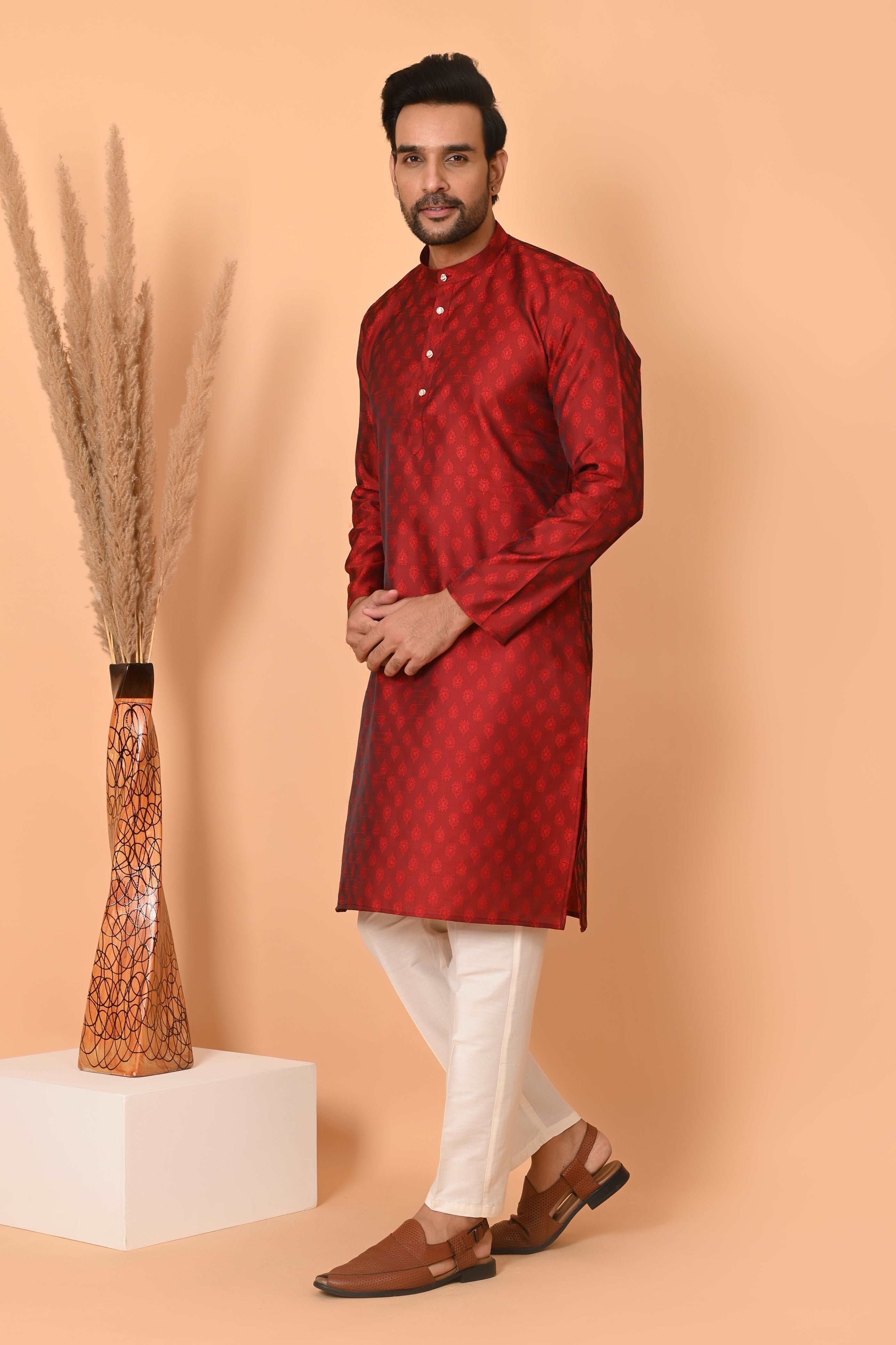 Mens Maroon Jacquard Silk Kurta Set With Motif With off white Pajama