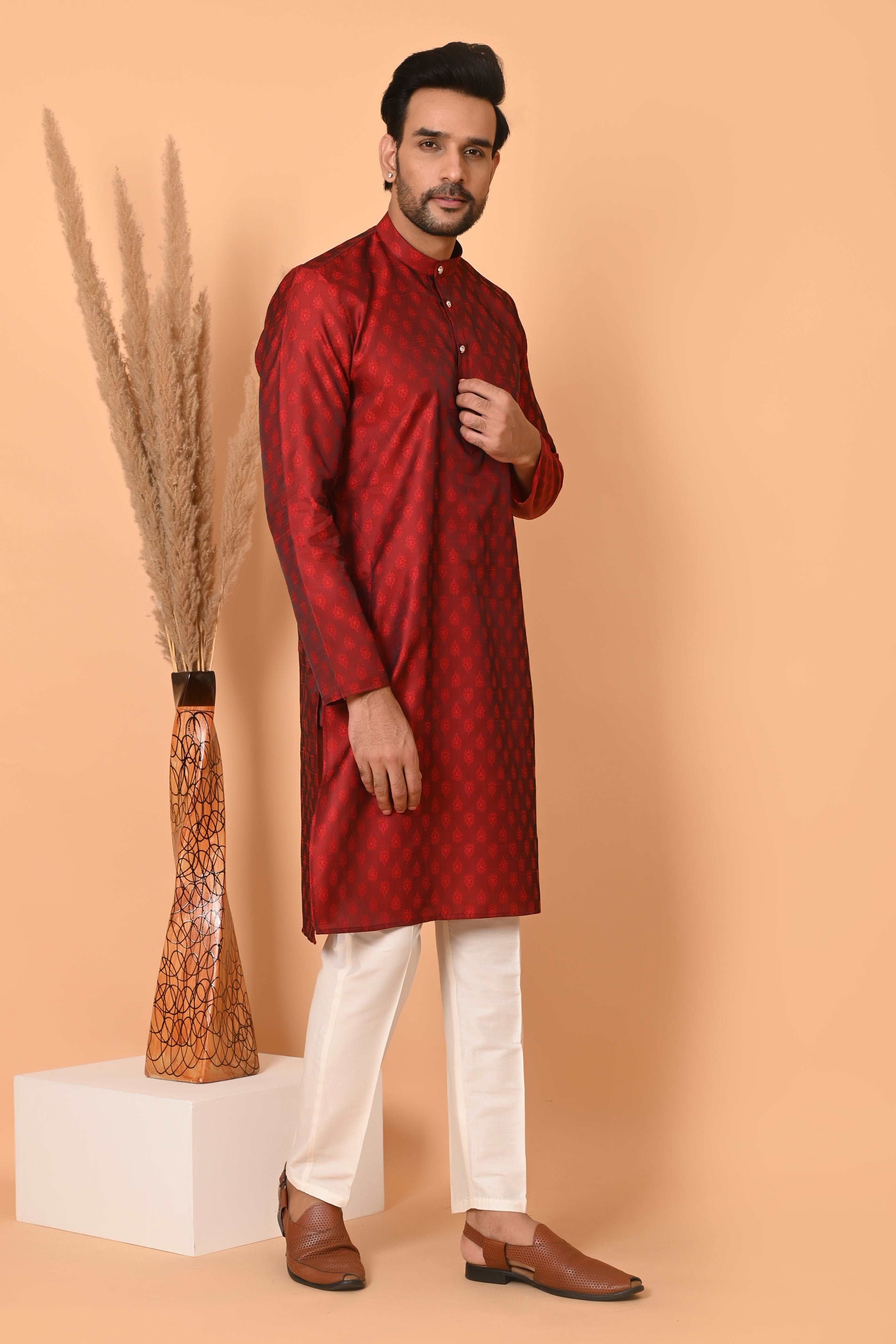 Mens Maroon Jacquard Silk Kurta Set With Motif With off white Pajama