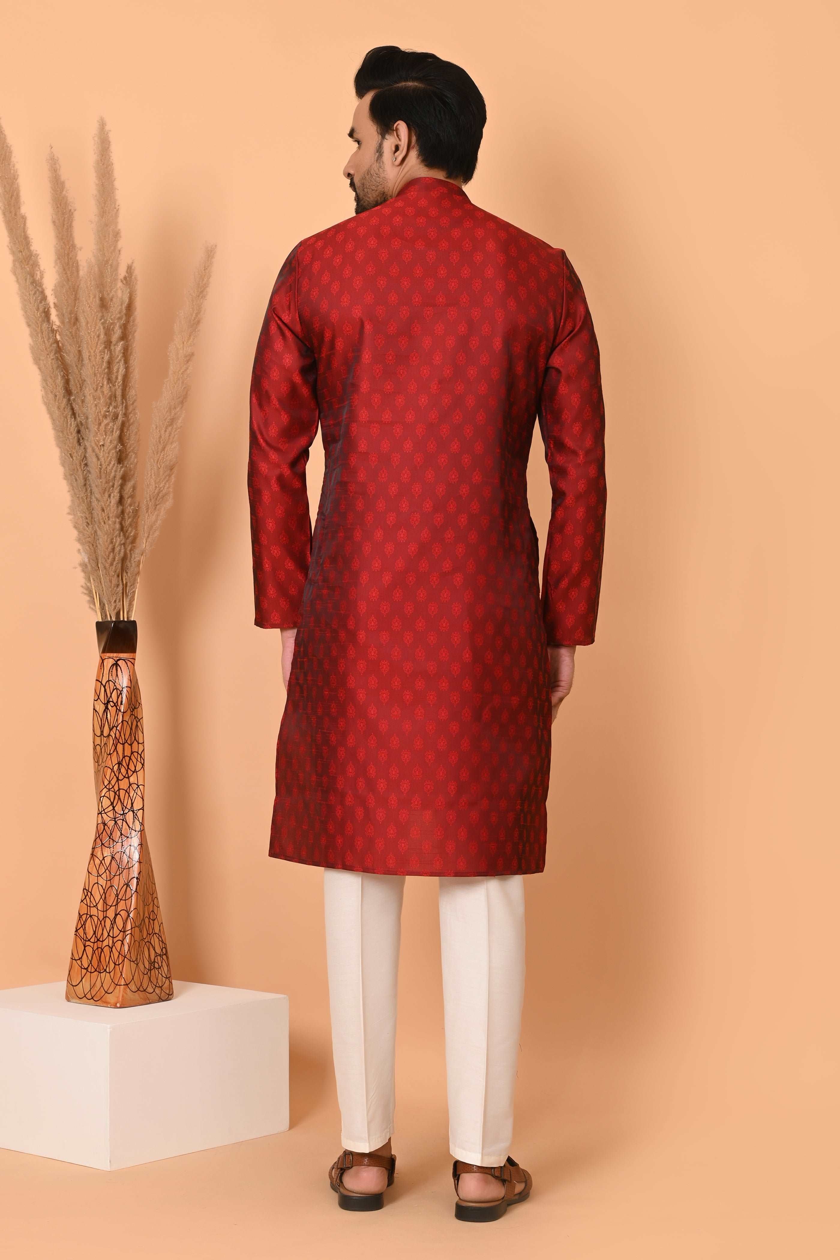 Mens Maroon Jacquard Silk Kurta Set With Motif With off white Pajama