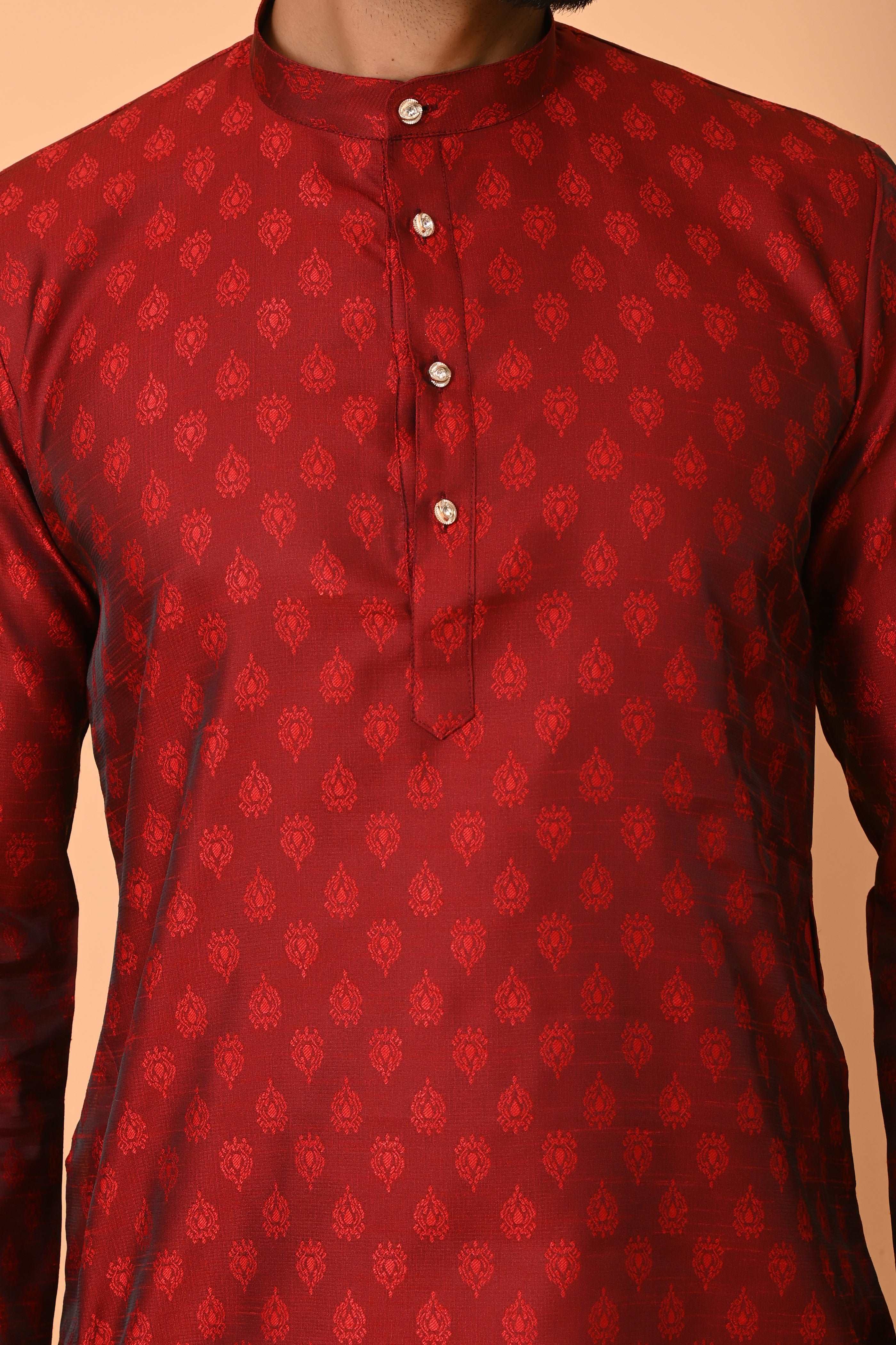 Mens Maroon Jacquard Silk Kurta Set With Motif With off white Pajama