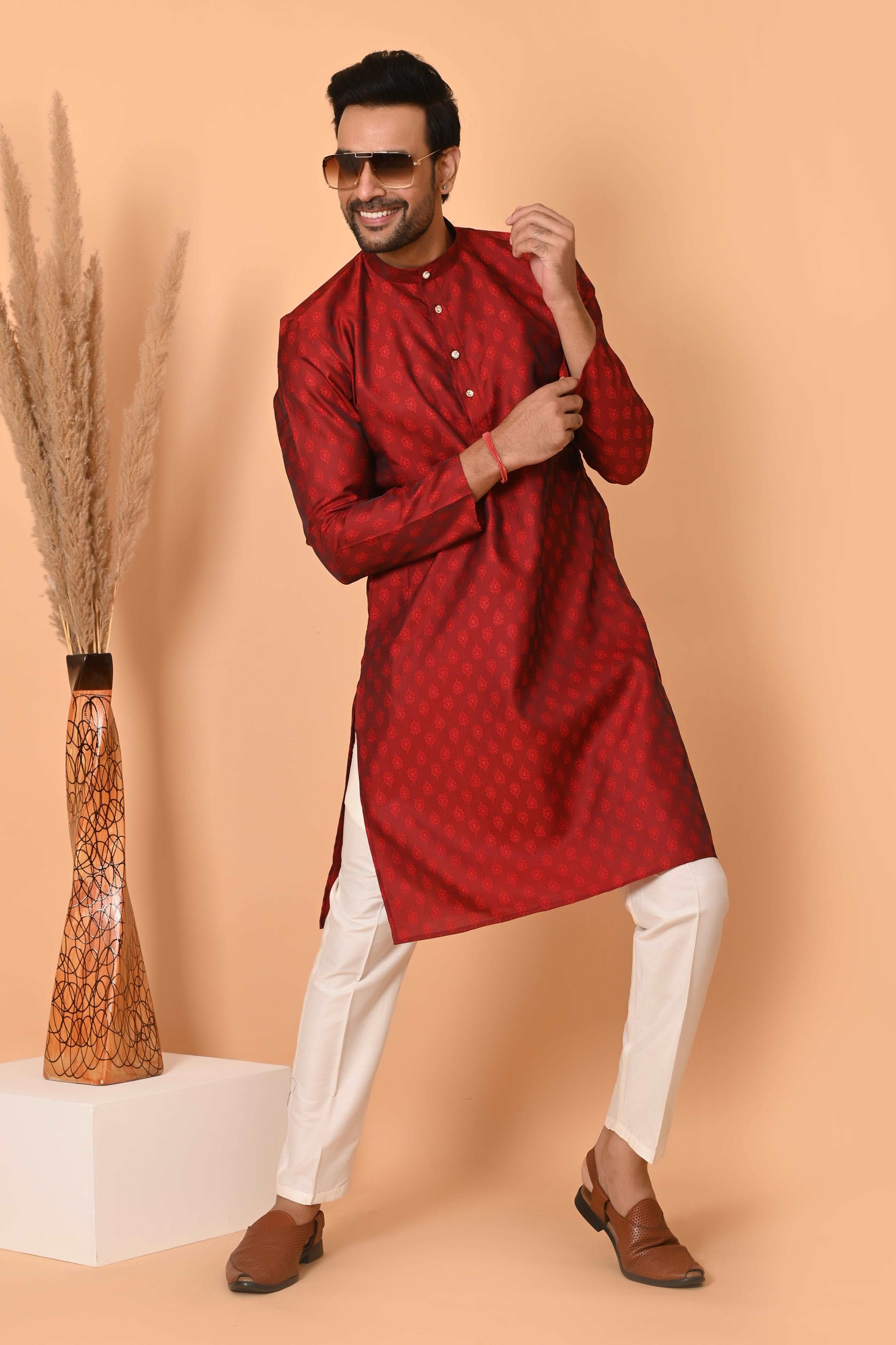 Mens Maroon Jacquard Silk Kurta Set With Motif With off white Pajama