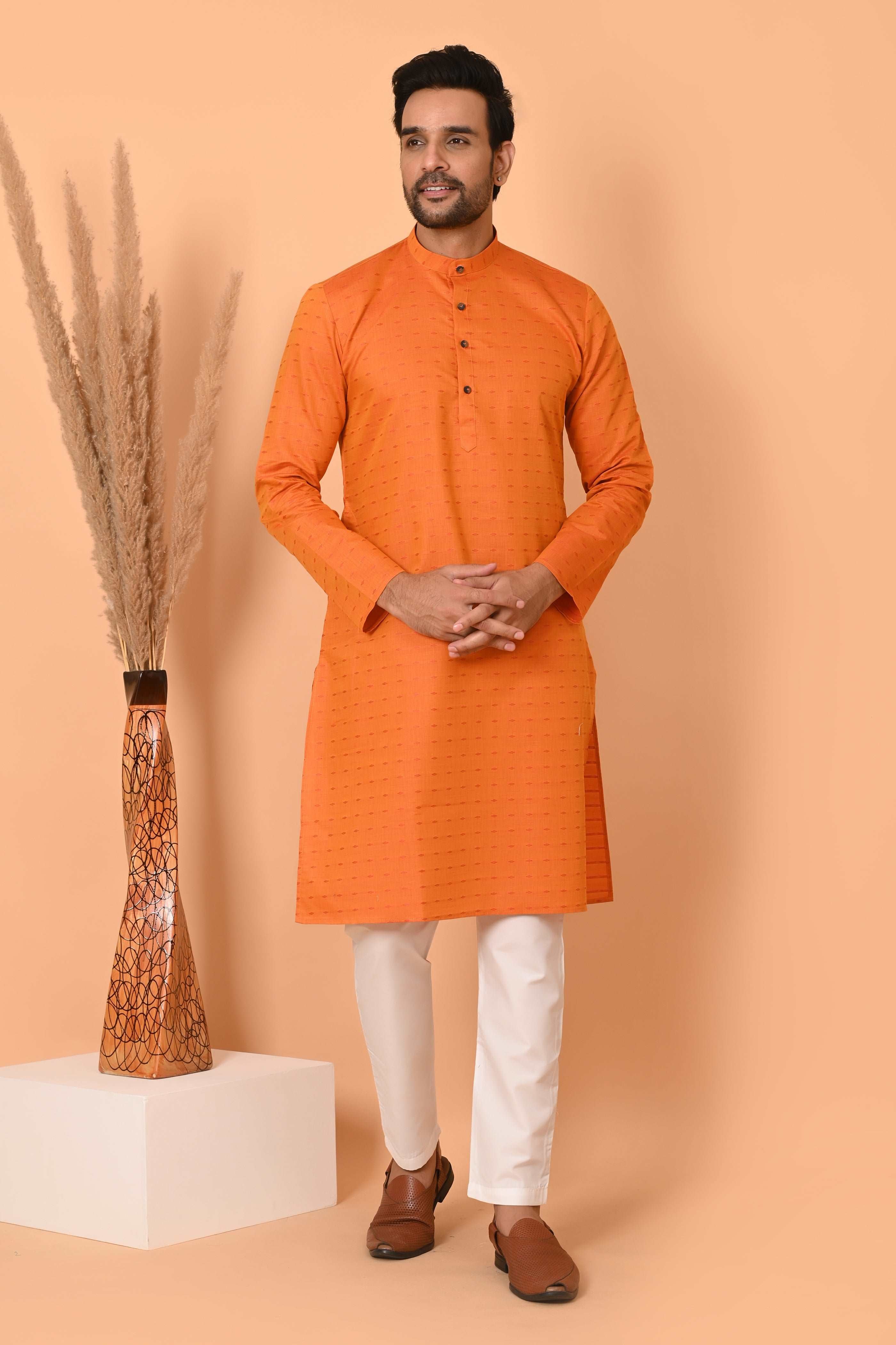 RICHART Orange linen Cotton kurta for men , ethnic tradtional wear, cotton printed kurta pyjama