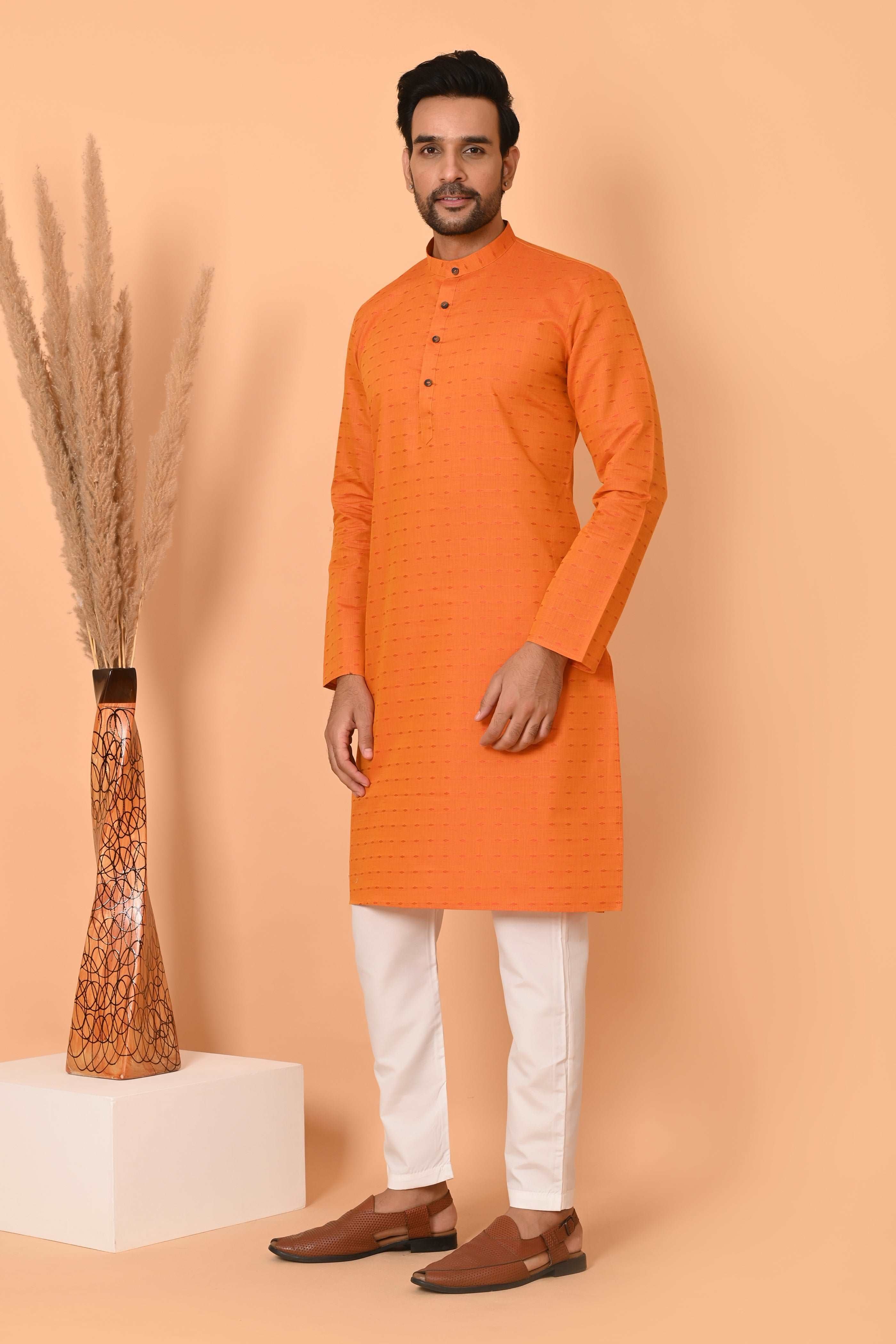RICHART Orange linen Cotton kurta for men , ethnic tradtional wear, cotton printed kurta pyjama
