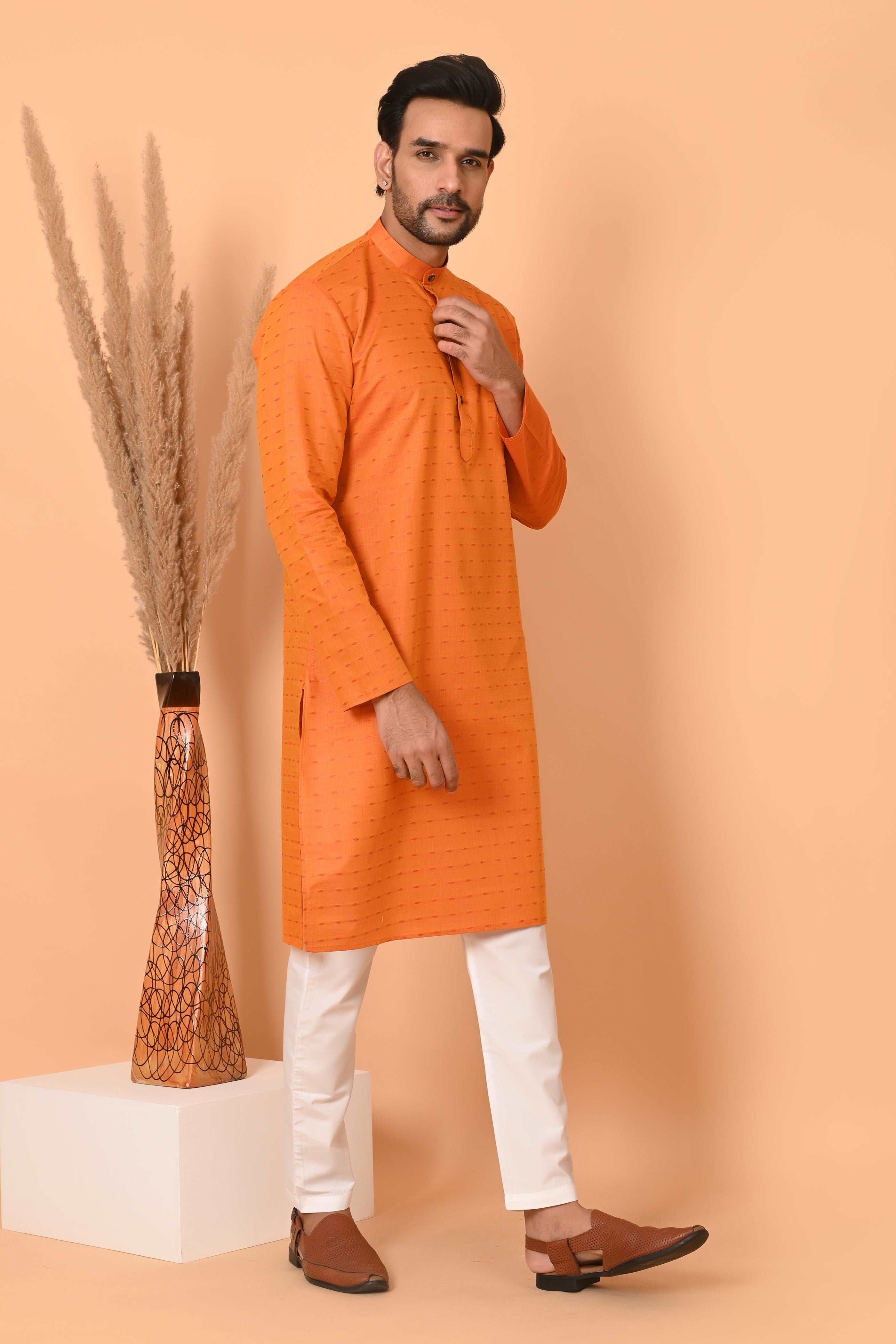 RICHART Orange linen Cotton kurta for men , ethnic tradtional wear, cotton printed kurta pyjama
