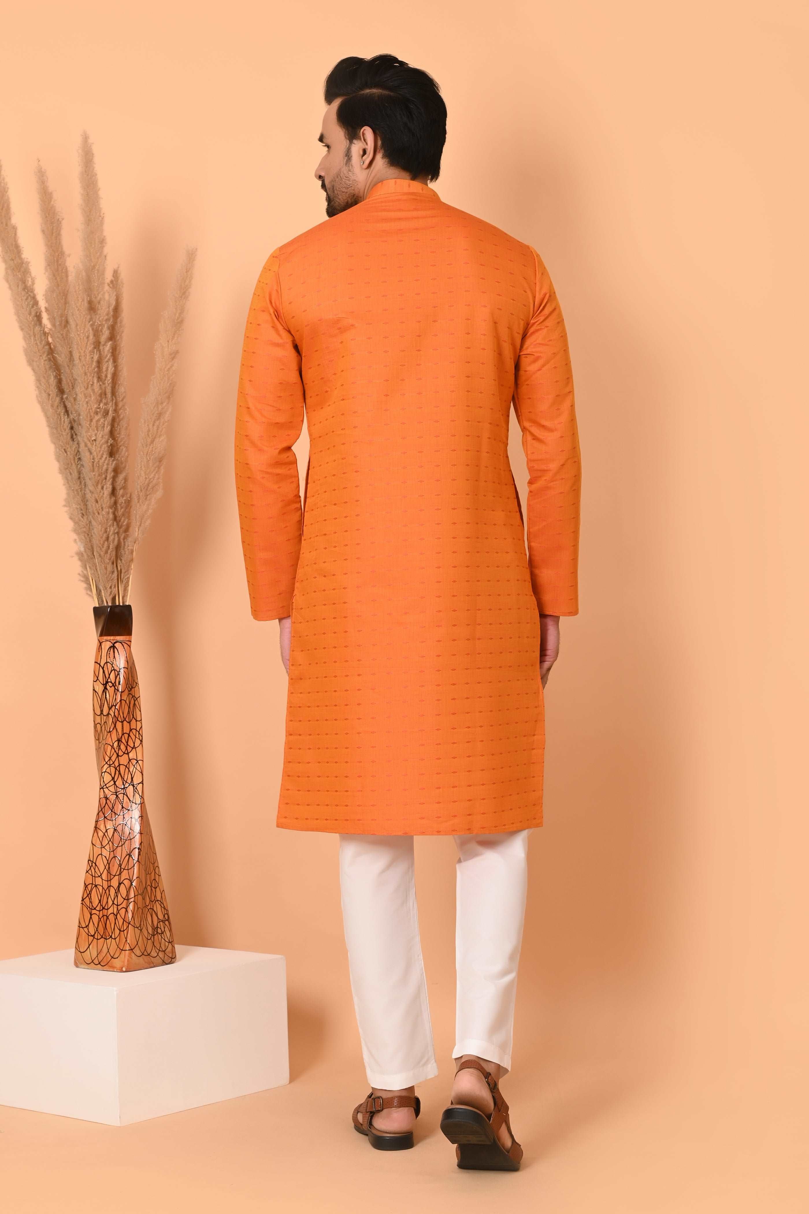 RICHART Orange linen Cotton kurta for men , ethnic tradtional wear, cotton printed kurta pyjama