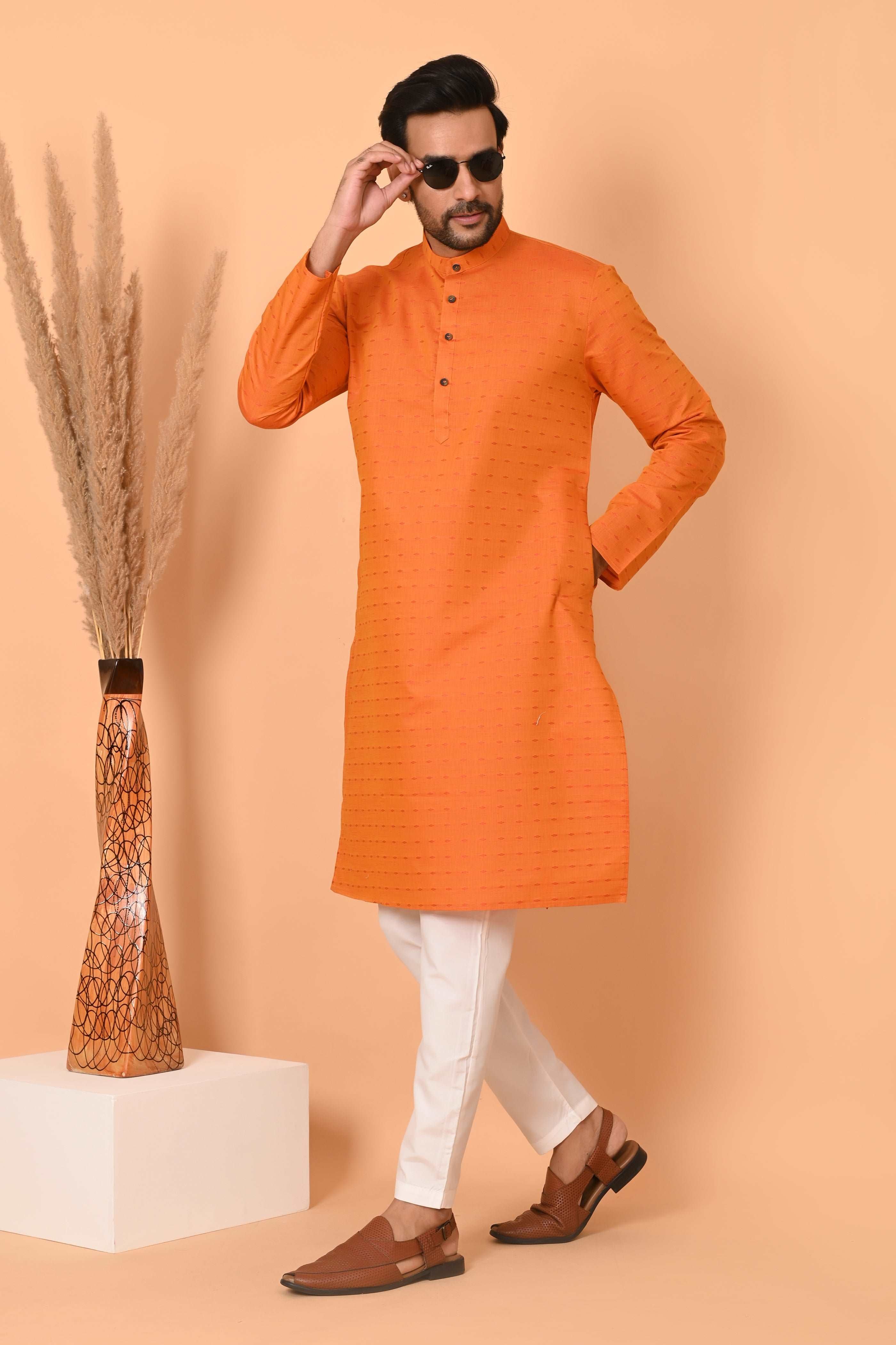 RICHART Orange linen Cotton kurta for men , ethnic tradtional wear, cotton printed kurta pyjama