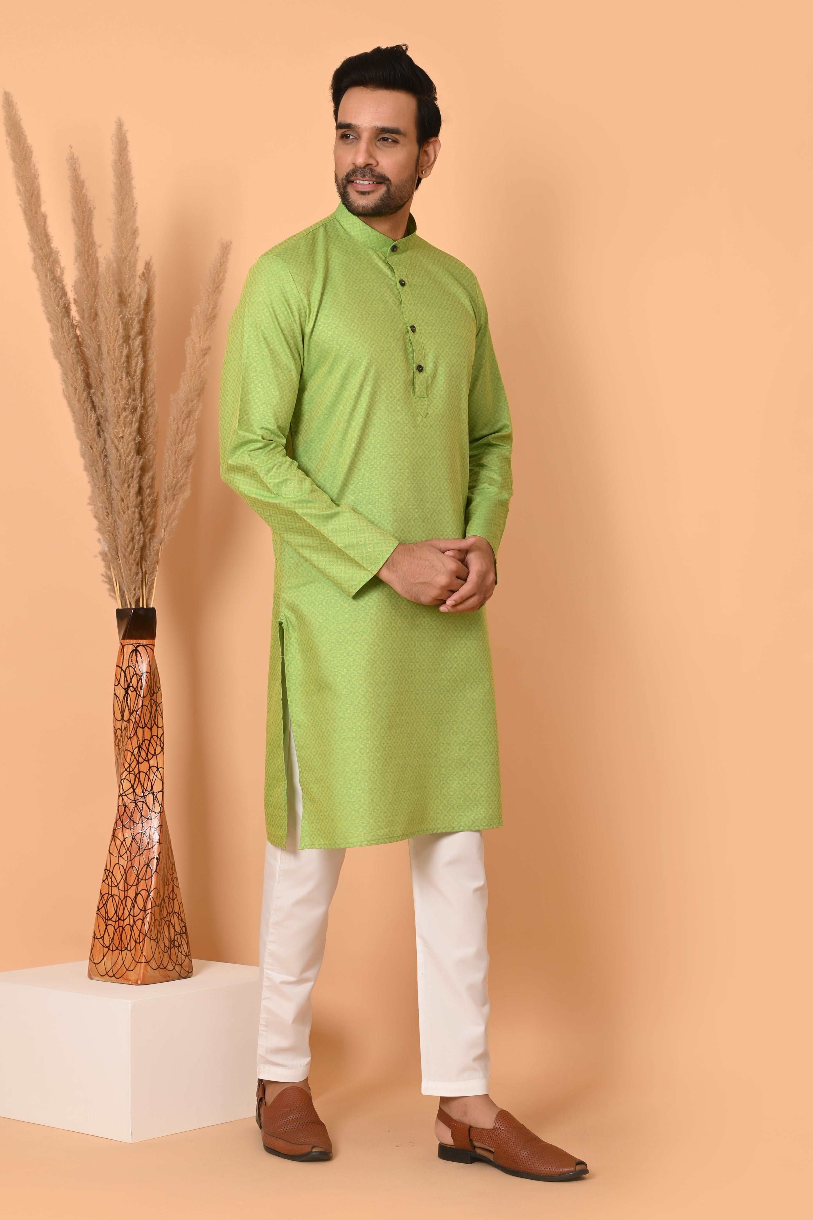 Men's Green Jacquard Silk Kurta Pyjama - Indian Party Suit | Richart Ethnic Traditional Wear
