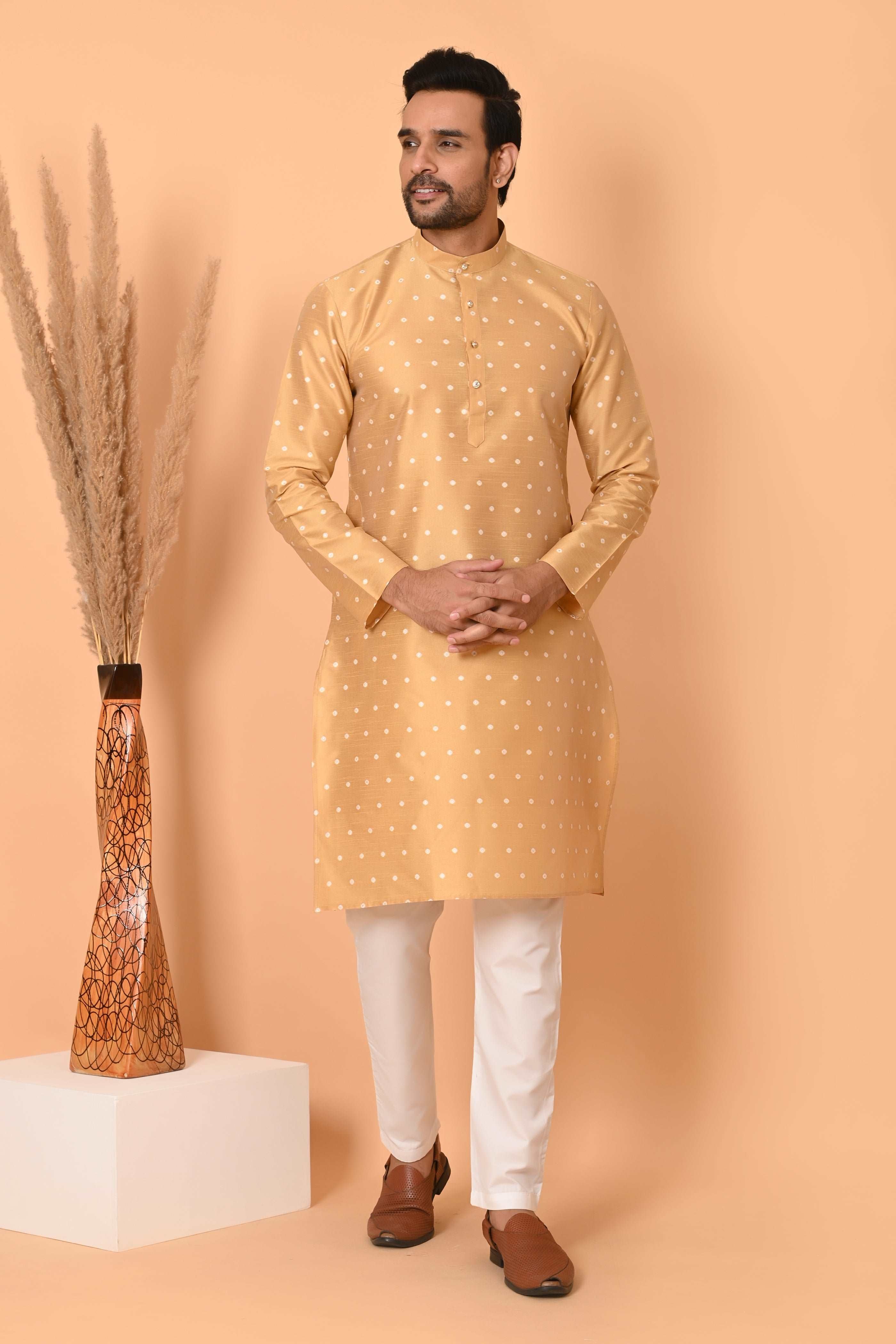 Golden Silk Kurta Set  With Zari Motif And Golden Pajama