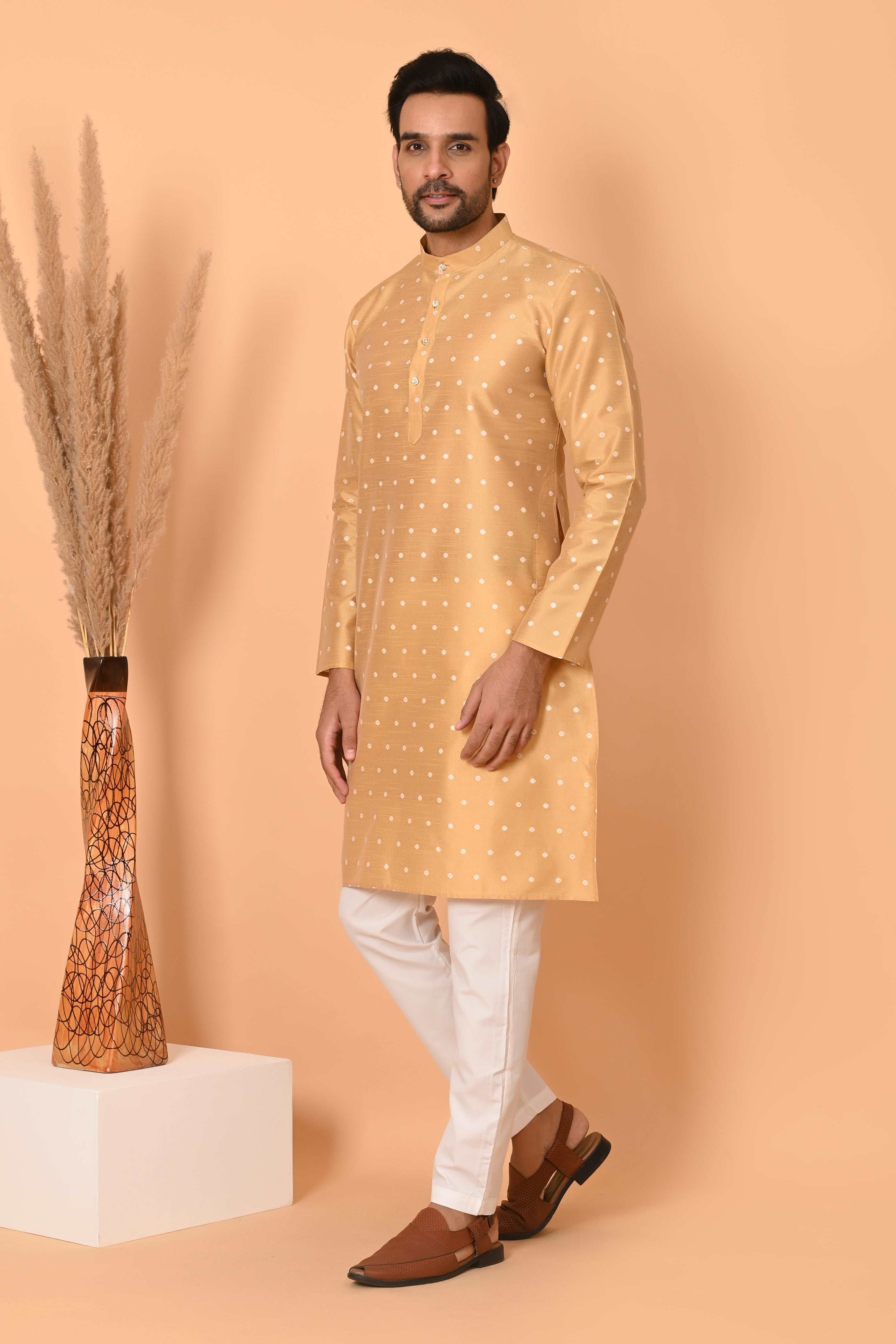 Golden Silk Kurta Set  With Zari Motif And Golden Pajama