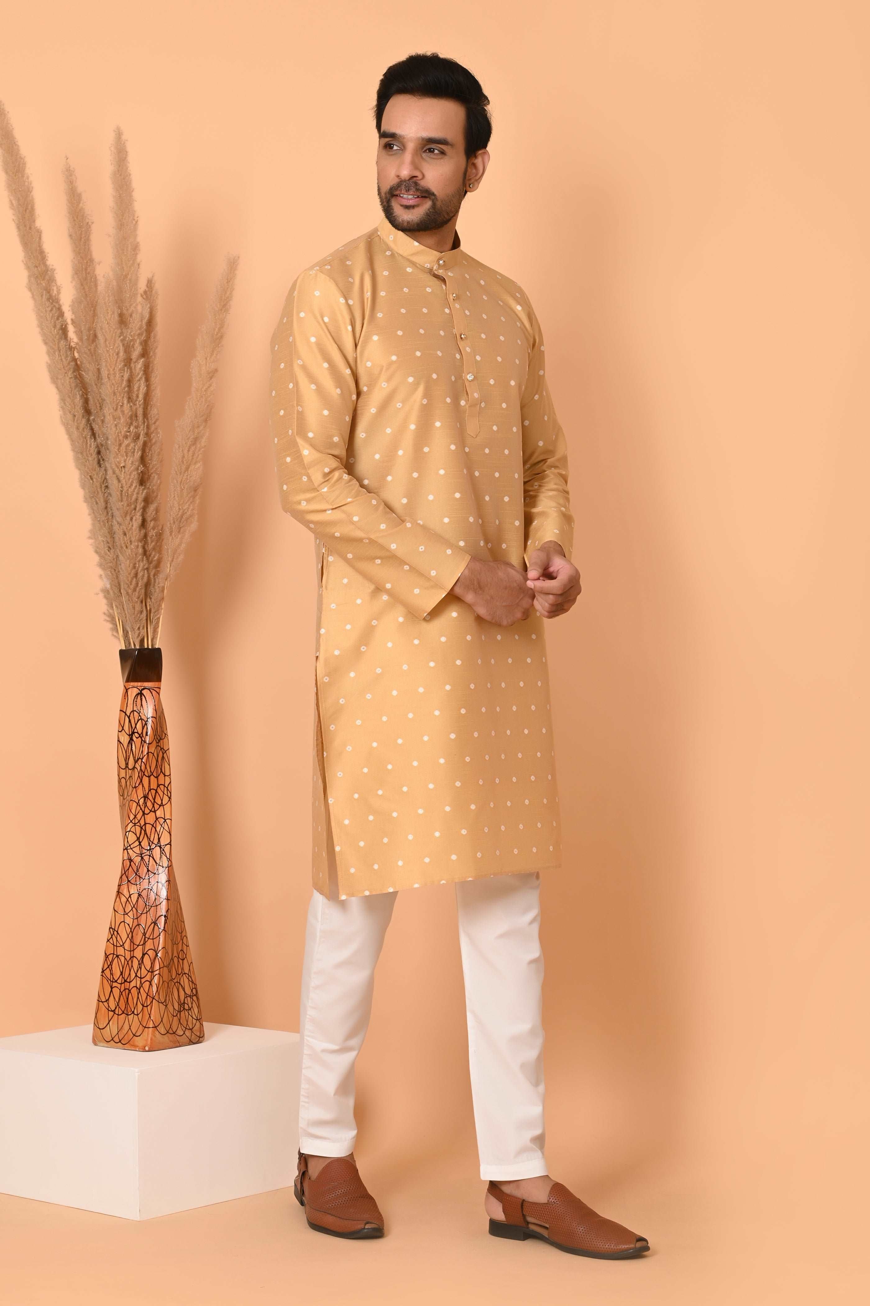 Golden Silk Kurta Set  With Zari Motif And Golden Pajama