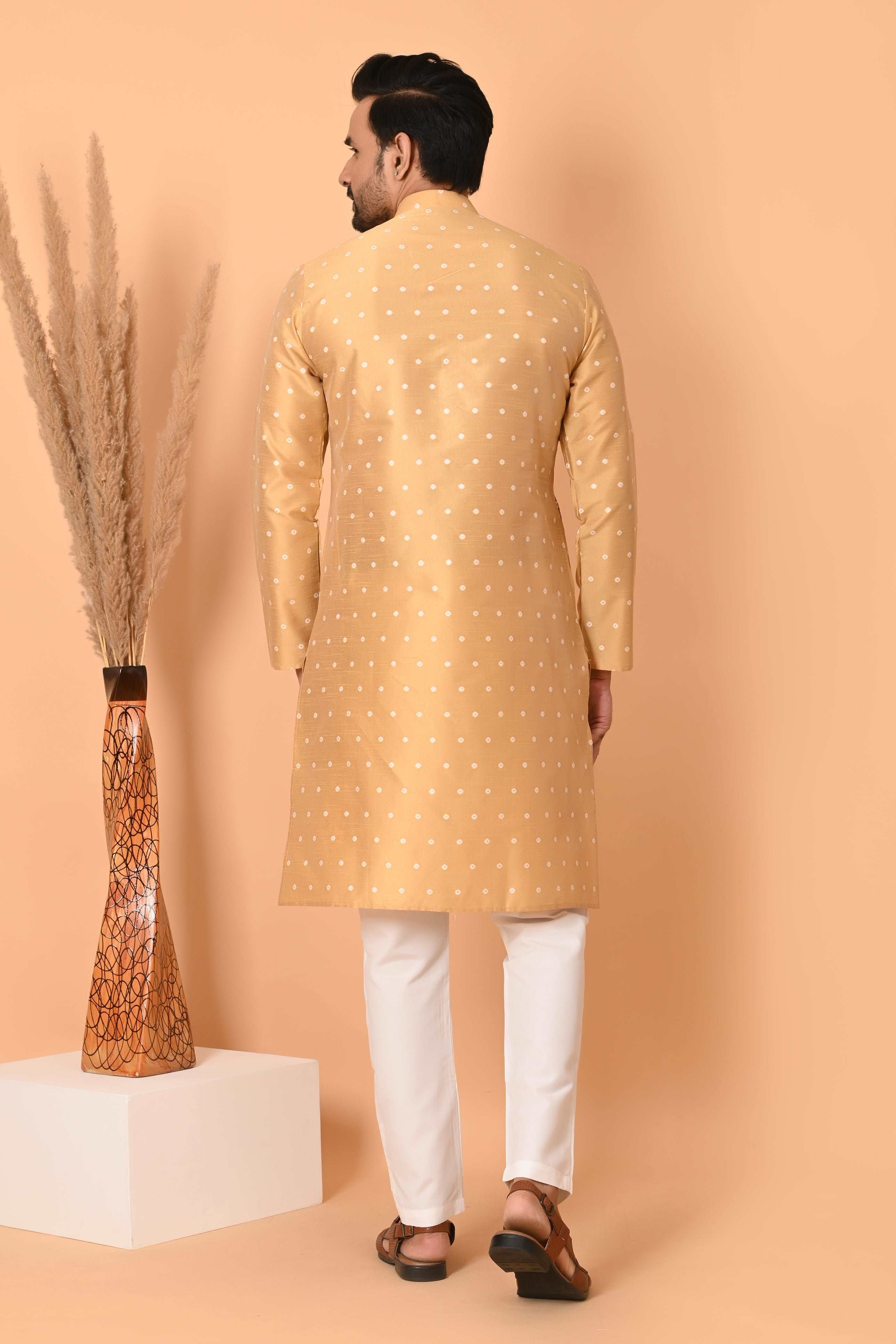 Golden Silk Kurta Set  With Zari Motif And Golden Pajama