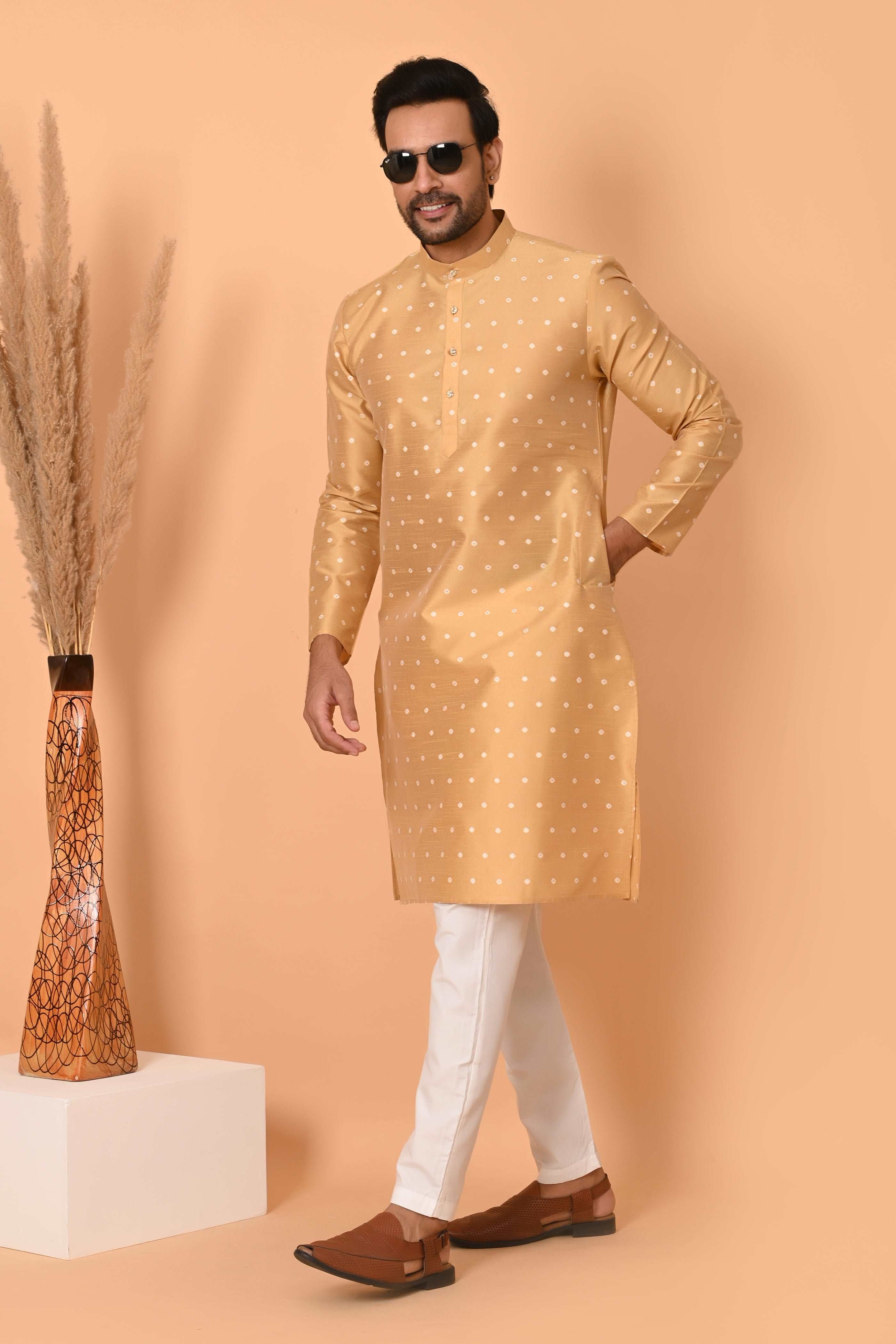 Golden Silk Kurta Set  With Zari Motif And Golden Pajama