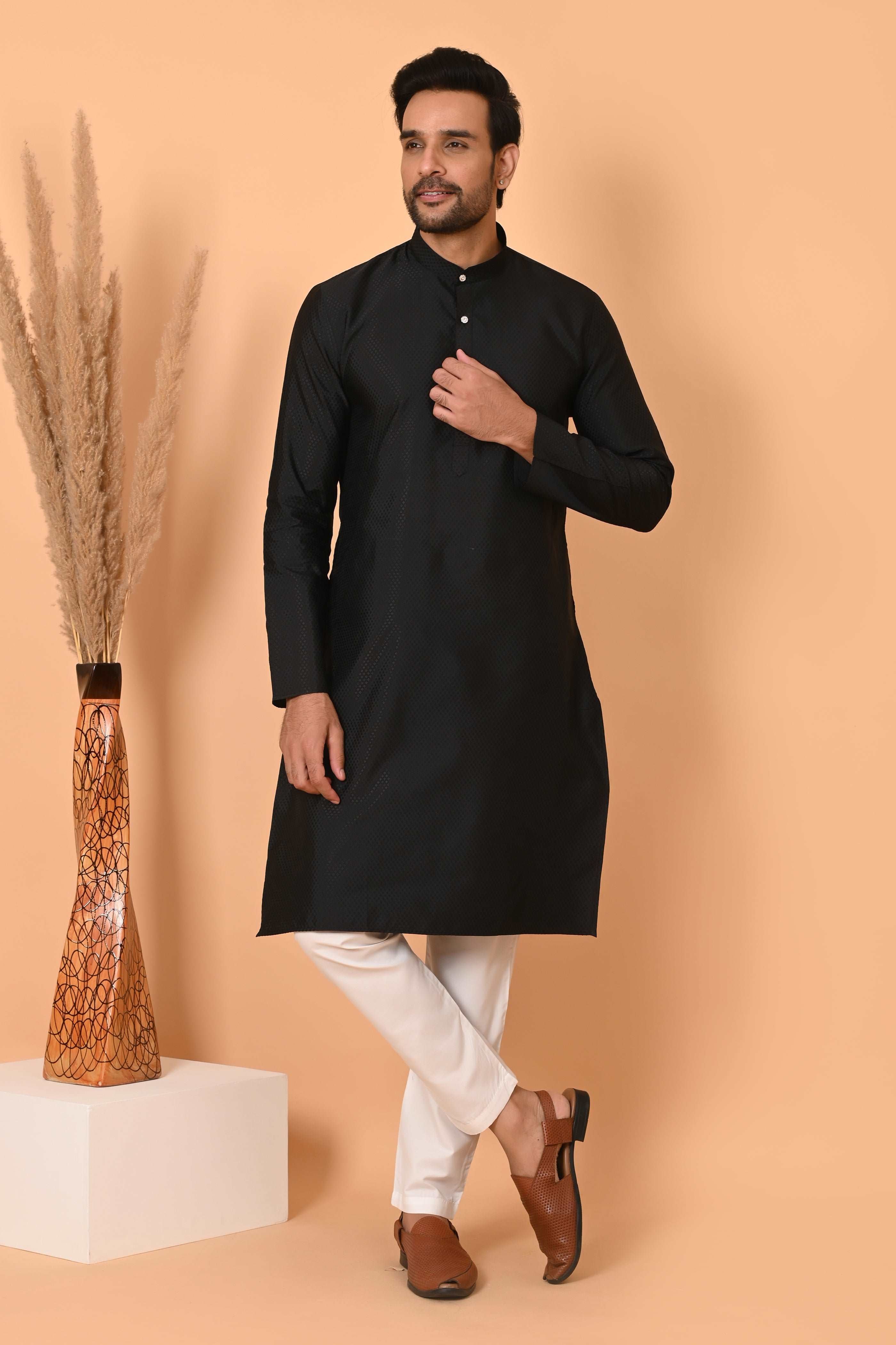 Men's Black Jacquard Silk Kurta Pyjama - Indian Party Suit | Richart Ethnic Traditional Wear