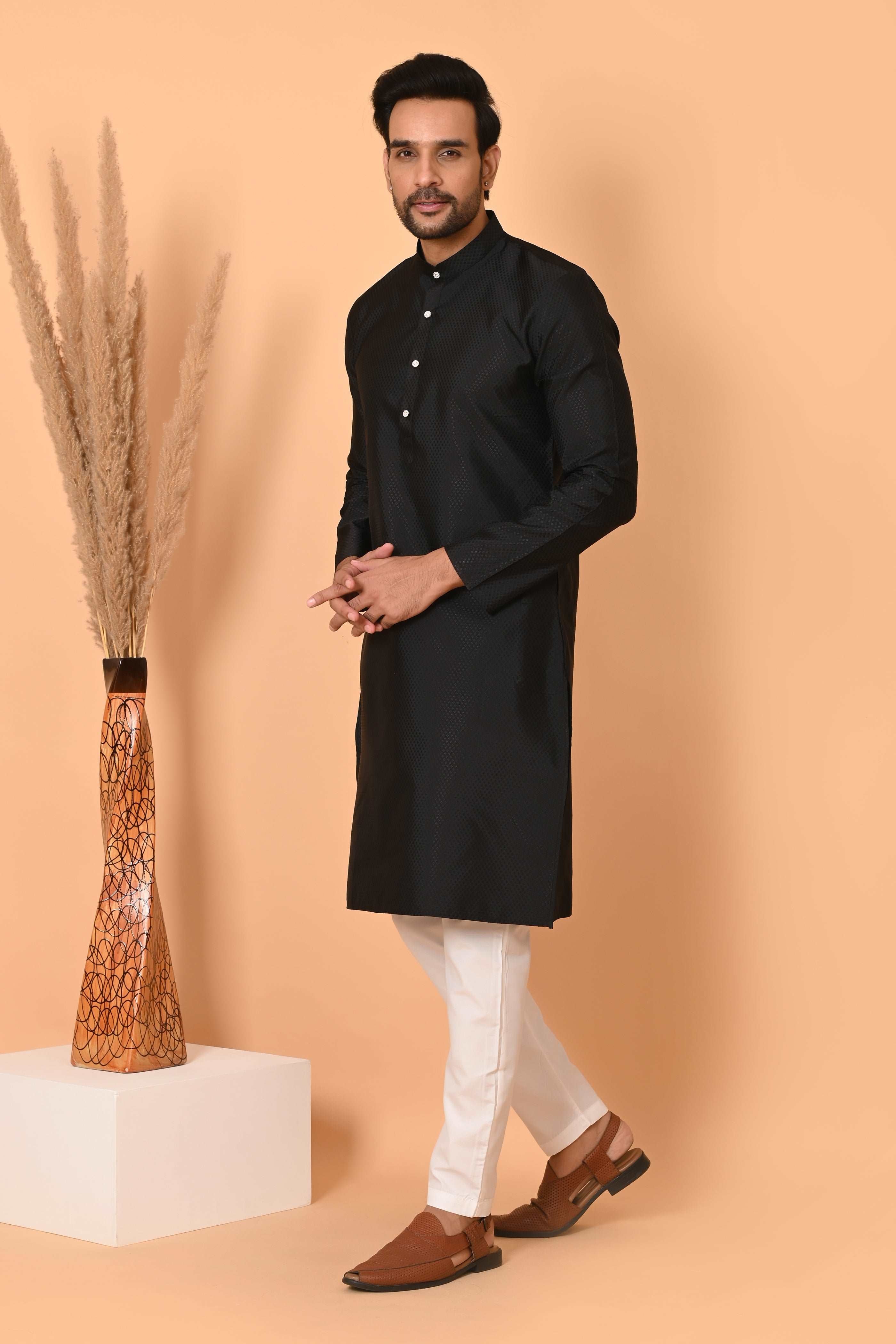 Men's Black Jacquard Silk Kurta Pyjama - Indian Party Suit | Richart Ethnic Traditional Wear