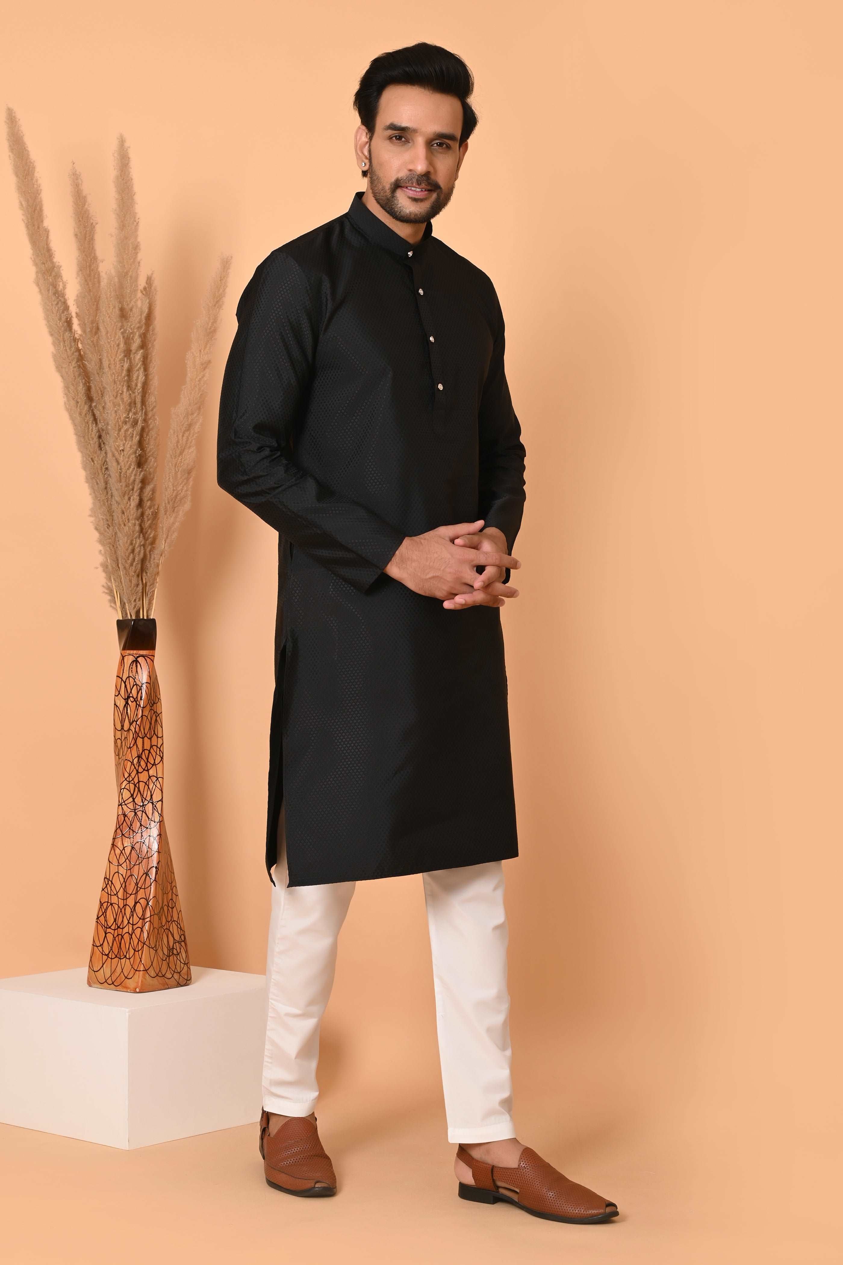 Men's Black Jacquard Silk Kurta Pyjama - Indian Party Suit | Richart Ethnic Traditional Wear
