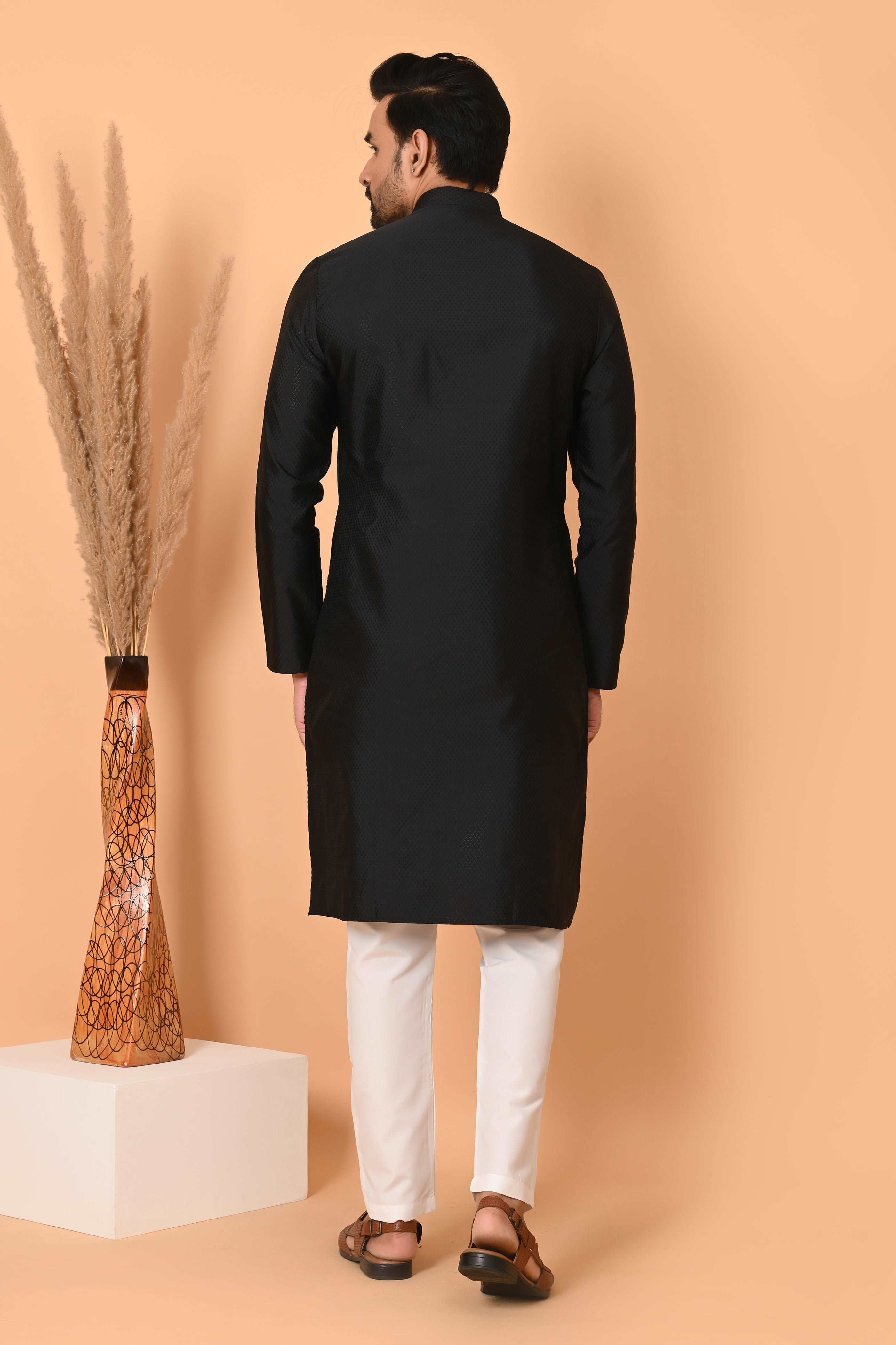 Men's Black Jacquard Silk Kurta Pyjama - Indian Party Suit | Richart Ethnic Traditional Wear