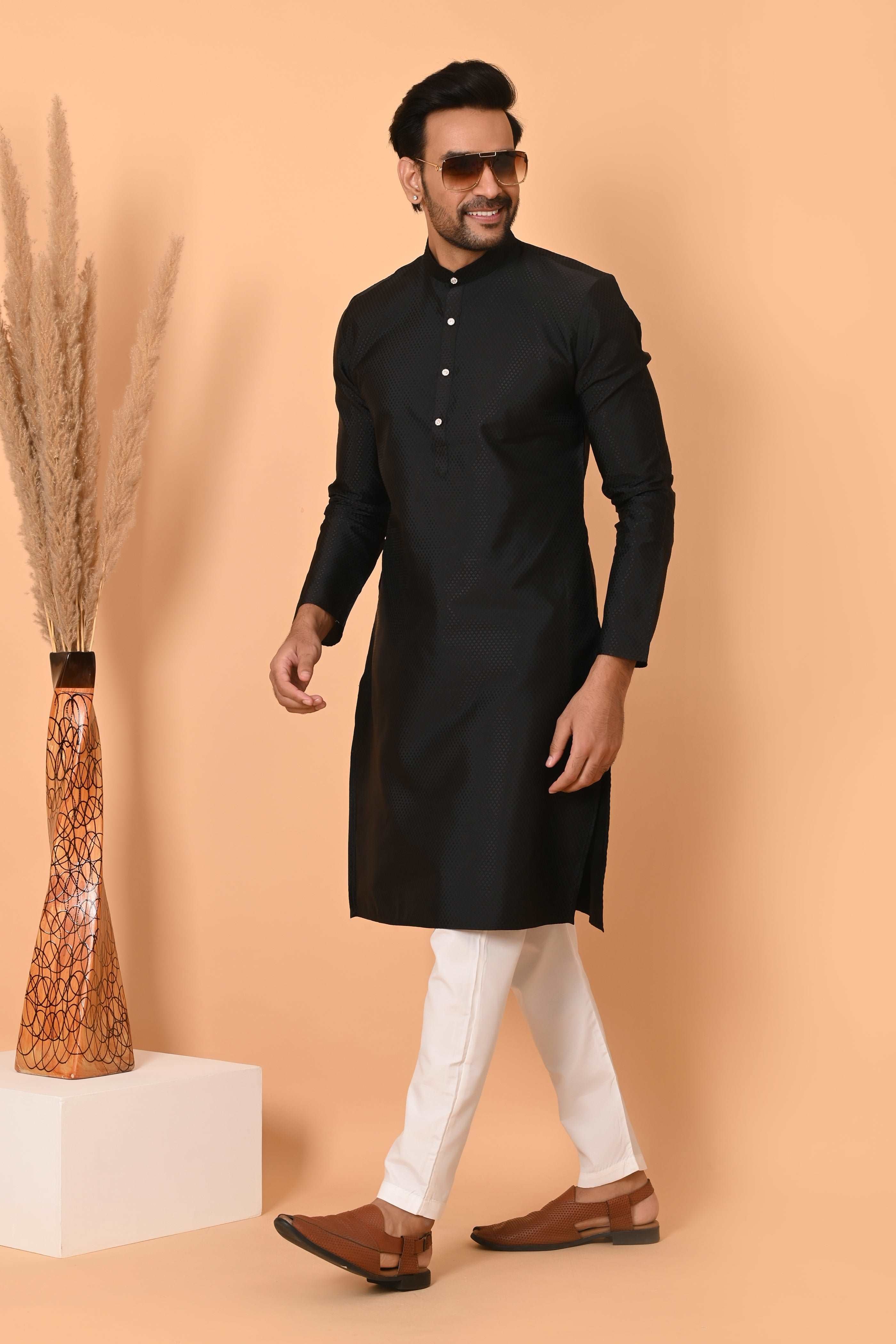 Men's Black Jacquard Silk Kurta Pyjama - Indian Party Suit | Richart Ethnic Traditional Wear