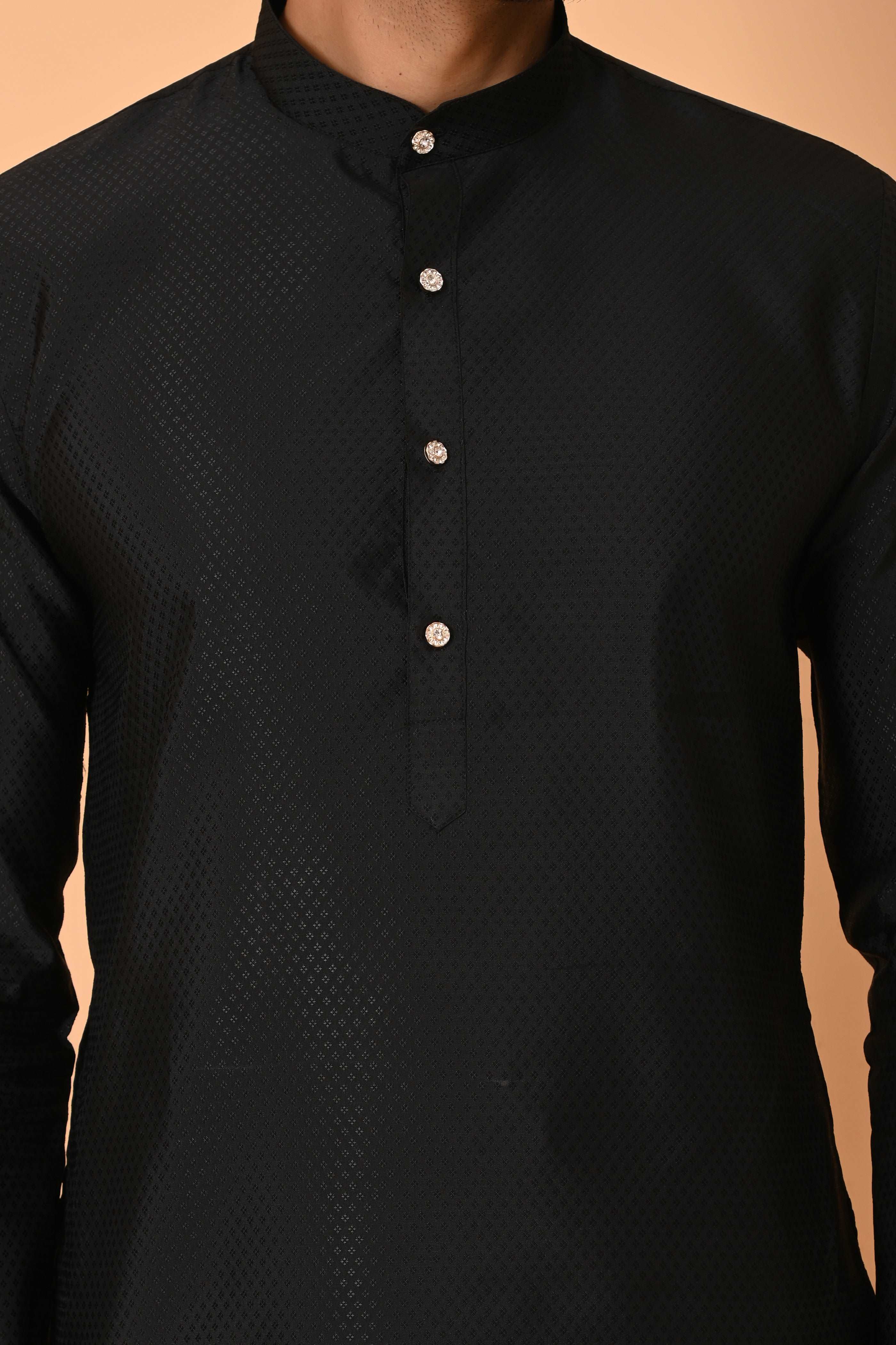 Men's Black Jacquard Silk Kurta Pyjama - Indian Party Suit | Richart Ethnic Traditional Wear