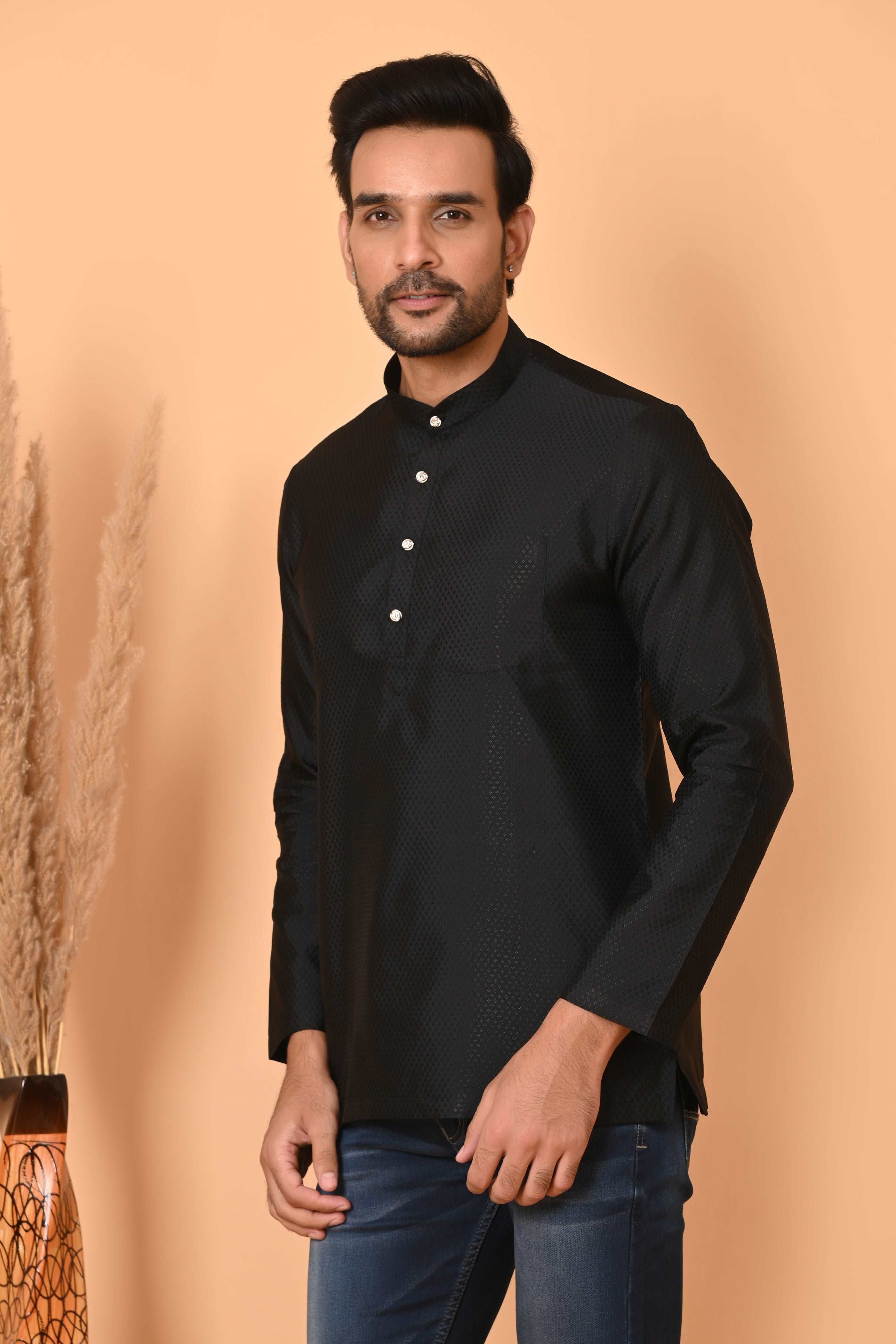 Black Men's Short Kurta - Ethnic Traditional Wear | Stylish Short-Length Kurta for Men