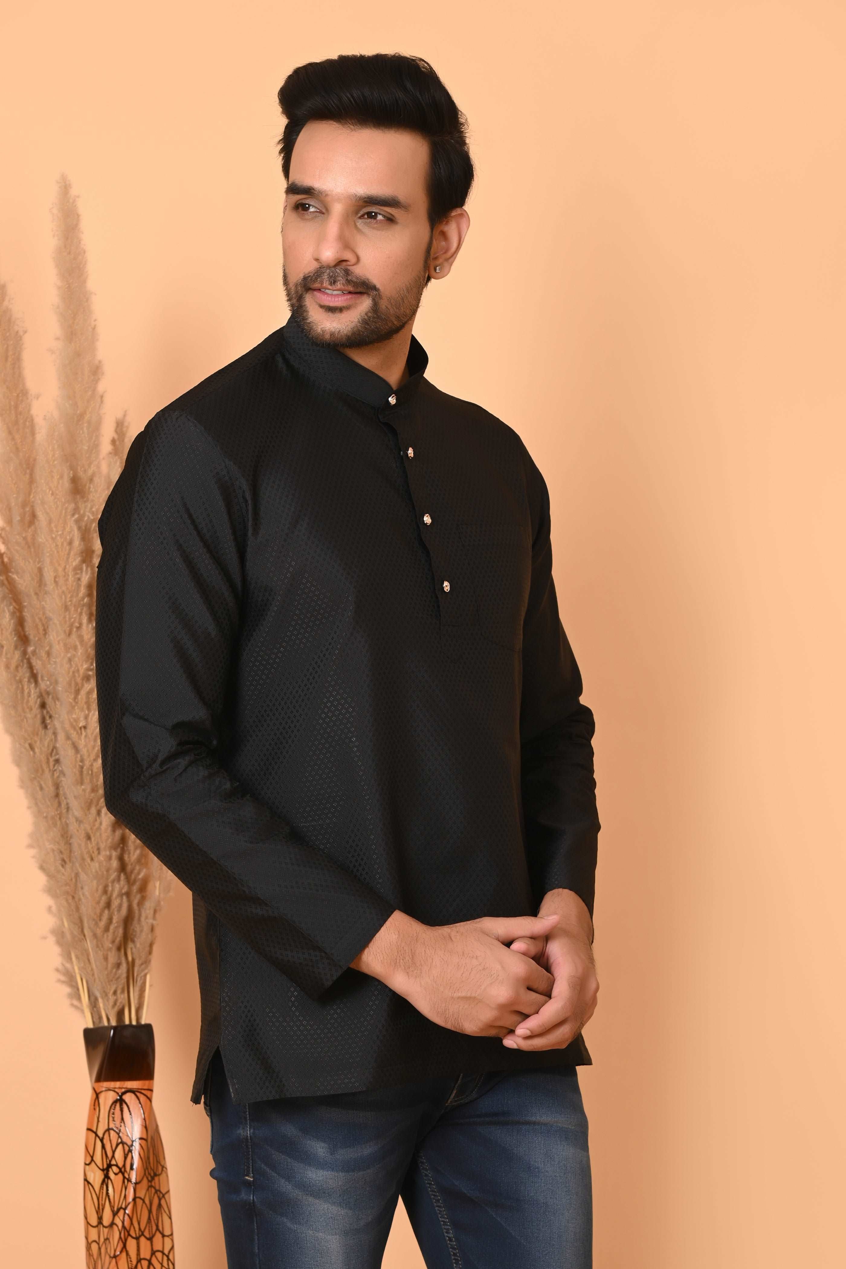 Black Men's Short Kurta - Ethnic Traditional Wear | Stylish Short-Length Kurta for Men